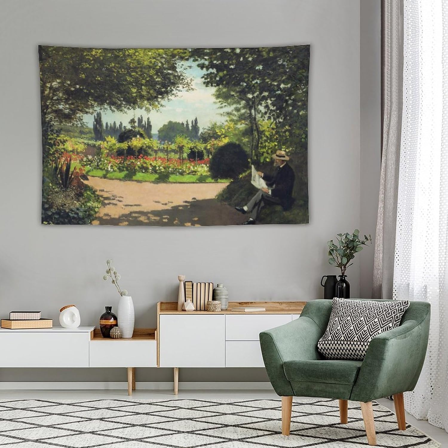 SAYFUR Claude Monet Tapiz Monet Reading in The Garden, 1866 Tapiz decorativo para pared, sala de estar, dormitorio, impresiones de 60 x 90 pulgadas
