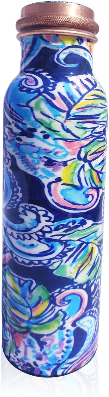 PRURA Botella de agua de cobre con estampado puro, a prueba de fugas, recipiente de cobre ayurvédico para deportes, gimnasio, aire libre, yoga,