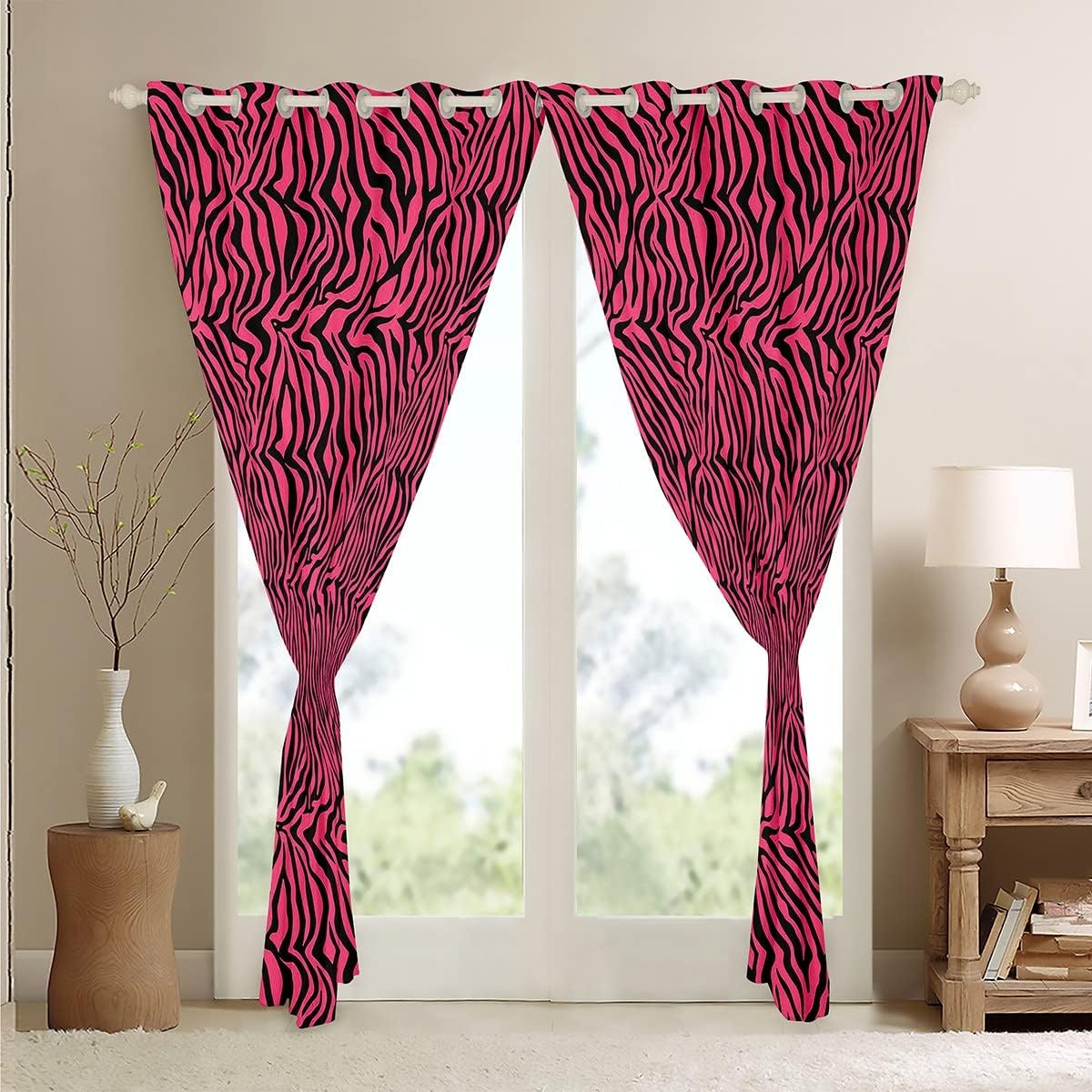 Cortinas de ventana rosa y negro para dormitorio, sala de estar, cortinas de rayas de cebra, cortinas de ventana con estampado de animales de safari
