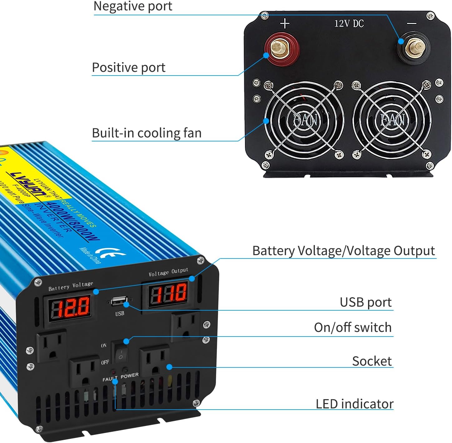 Yinleader Inversor de corriente de onda sinusoidal pura de 4000 W, 12 V CC a CA 110 V-120 V, convertidor para vehículo familiar, RV, camión, sistema