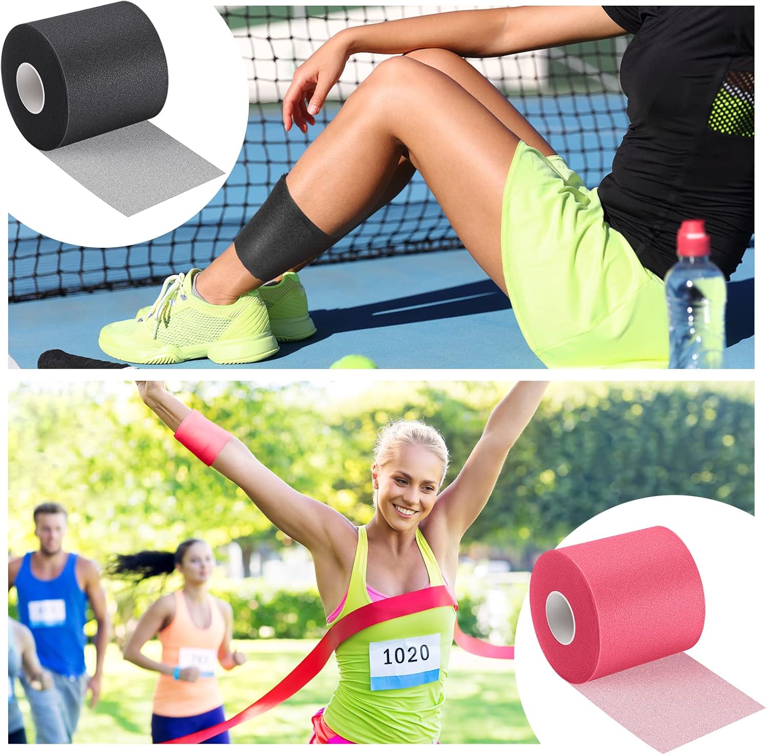 3 cintas preenvolventes para cabello, deportes, tobillo, muñecas, rodillas, envoltura interior de espuma de 2.75 pulgadas x 30 yardas (negro, azul)