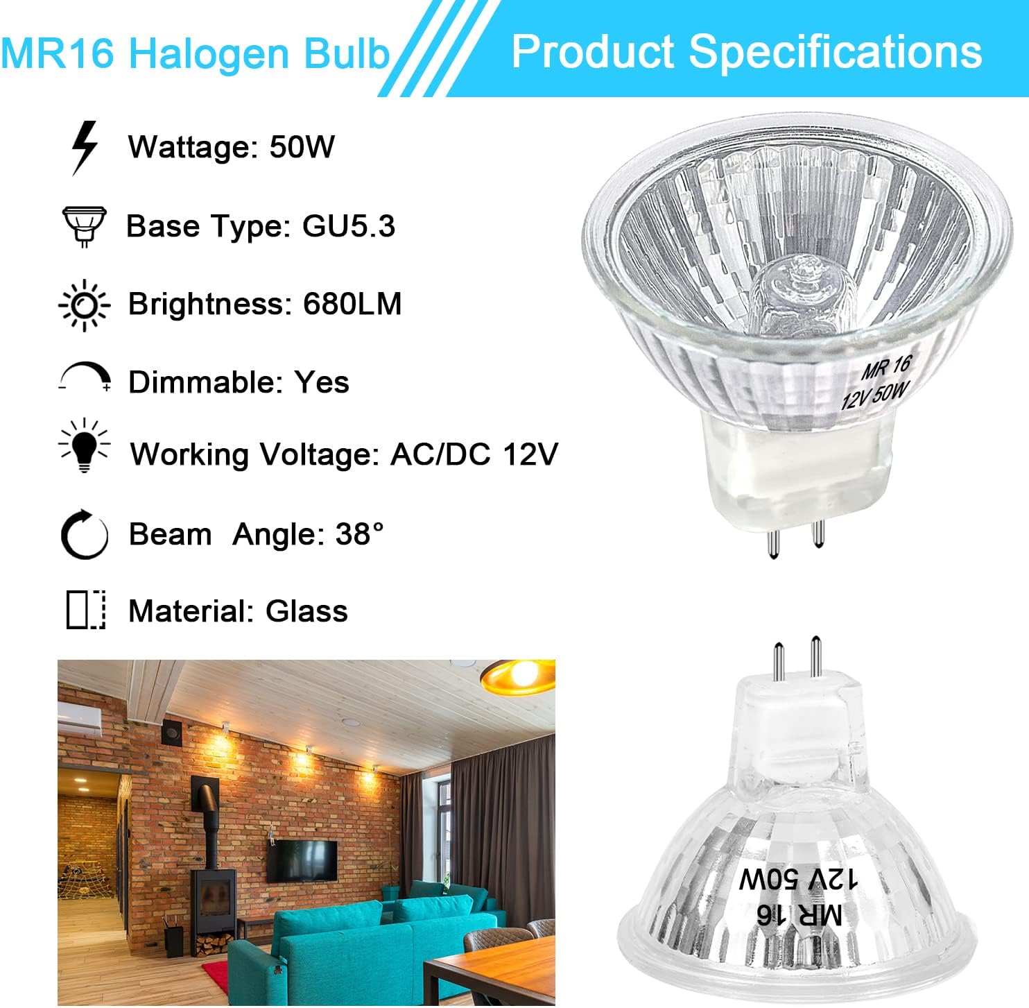 Bombilla halógena MR16 de 50 W regulable de 12 V GU5.3 con base de dos pines con larga vida útil, bombillas MR16 blancas cálidas de 2700 K con