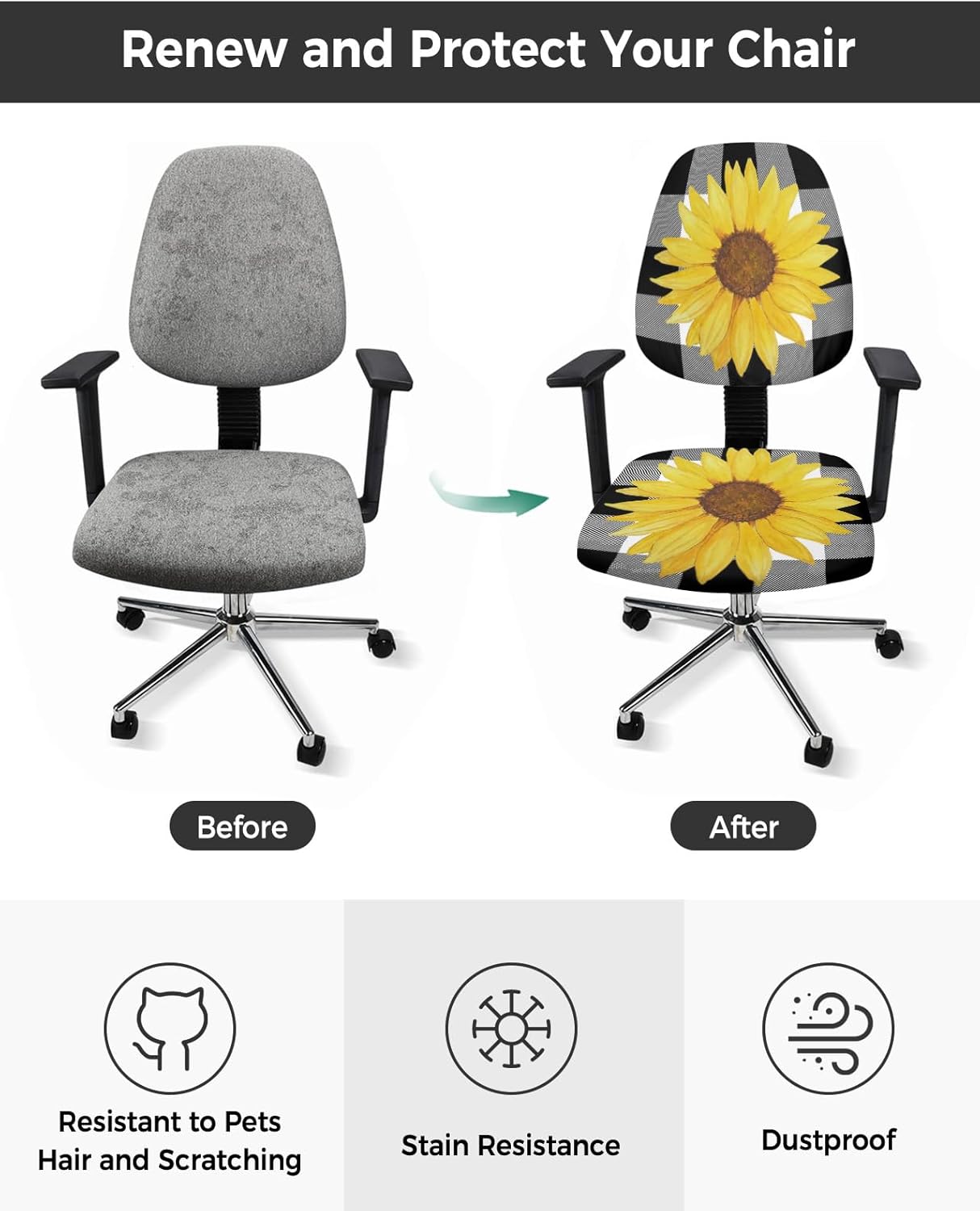 Funda para silla de oficina con diseño de girasol, elástica, diseño floral de otoño, diseño de búfalo blanco y negro, funda universal para silla de