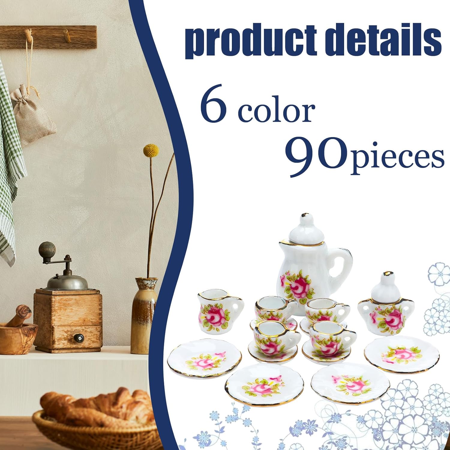 Shappy 90 piezas 1 12 escala casa de muñecas miniatura porcelana taza de té de Navidad incluye mini patrón flor patrón tetera taza platos para casa