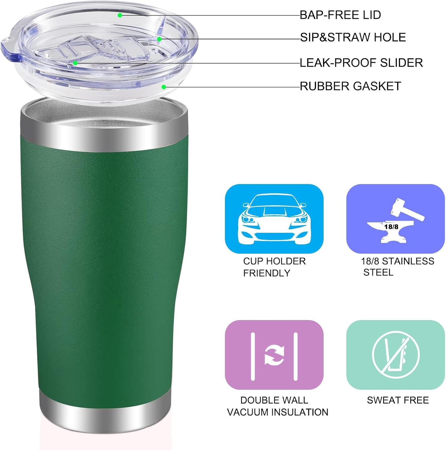 VEGOND Vaso de acero inoxidable de 20 onzas con tapa y popote aislado al vacío, taza de café de viaje de doble pared (verde oscuro, paquete 12)