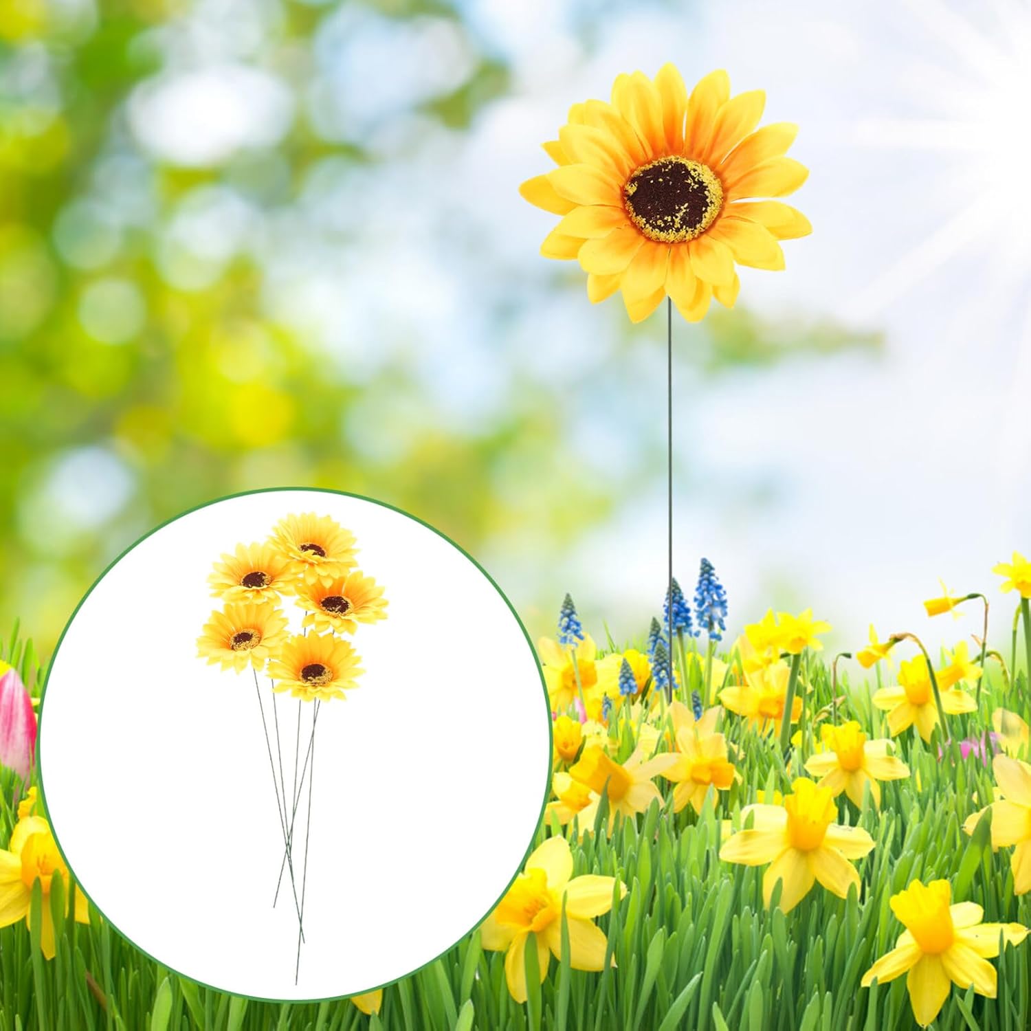SEWACC Juego de 5 piezas de metal grande con diseño de girasol, decoración de jardín, a prueba de óxido, margarita amarilla, flor de metal, arte