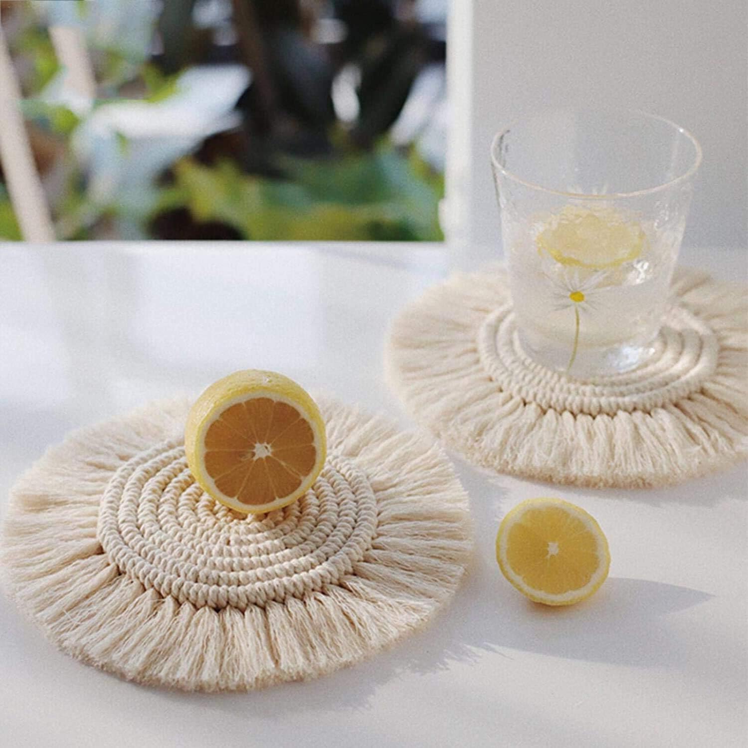 Posavasos de macramé hechos a mano para bebidas, juego de 2, posavasos redondos de algodón tejido absorbente, resistentes al calor, manteles de