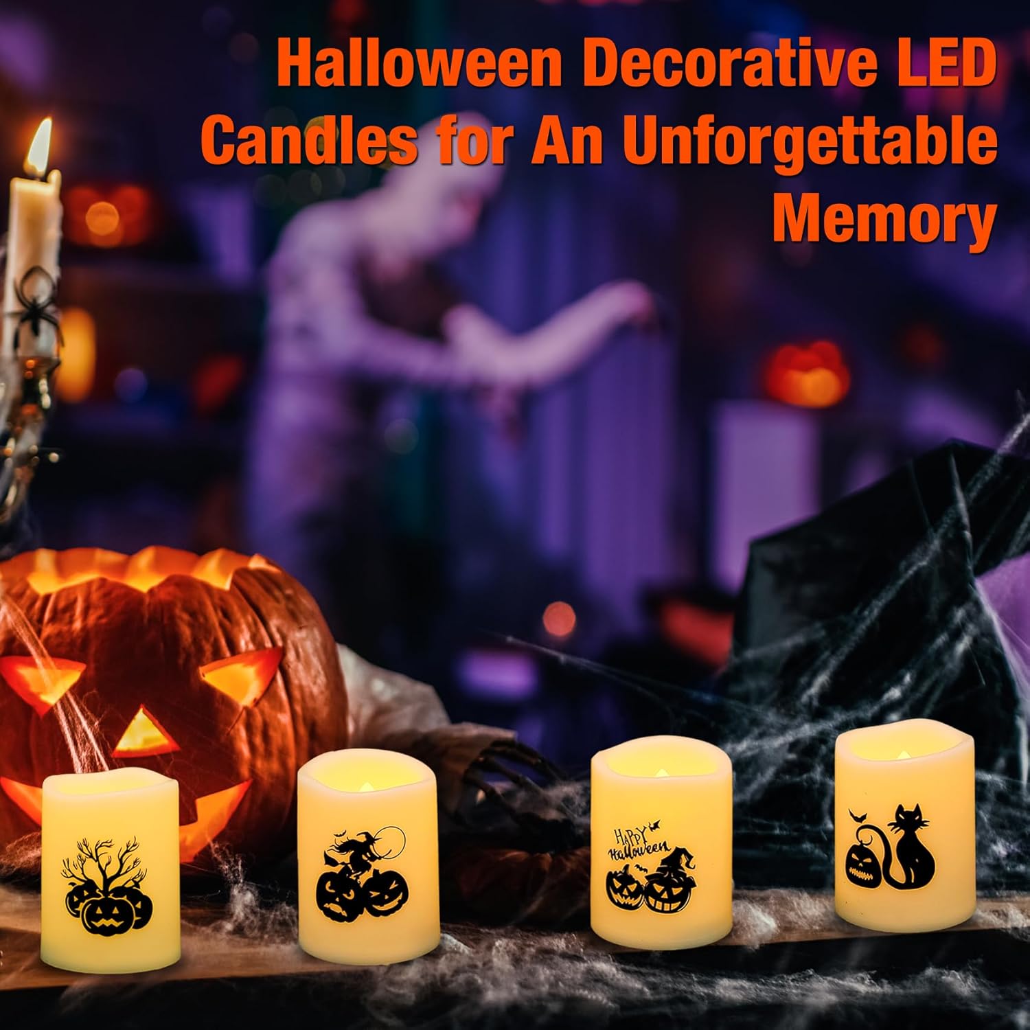 Velas votivas de Halloween sin falma, más de 200 horas, velas LED parpadeantes con calcomanías de calabazas para decoración del hogar de Halloween,