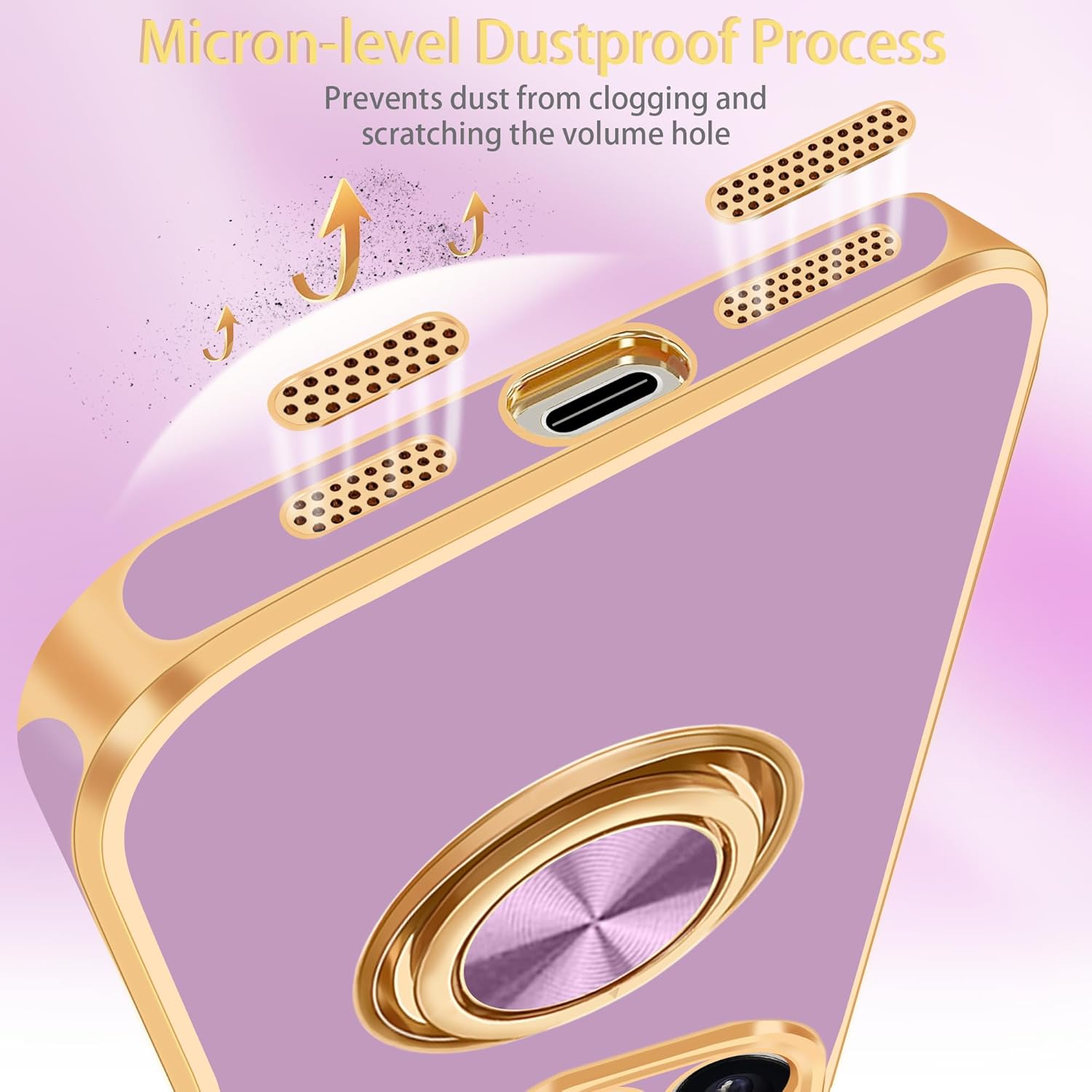 Fingic Funda para iPhone 15 Pro con soporte de anillo giratorio de 360 soporte magnético para automóvil chapado en oro brillante Funda protectora