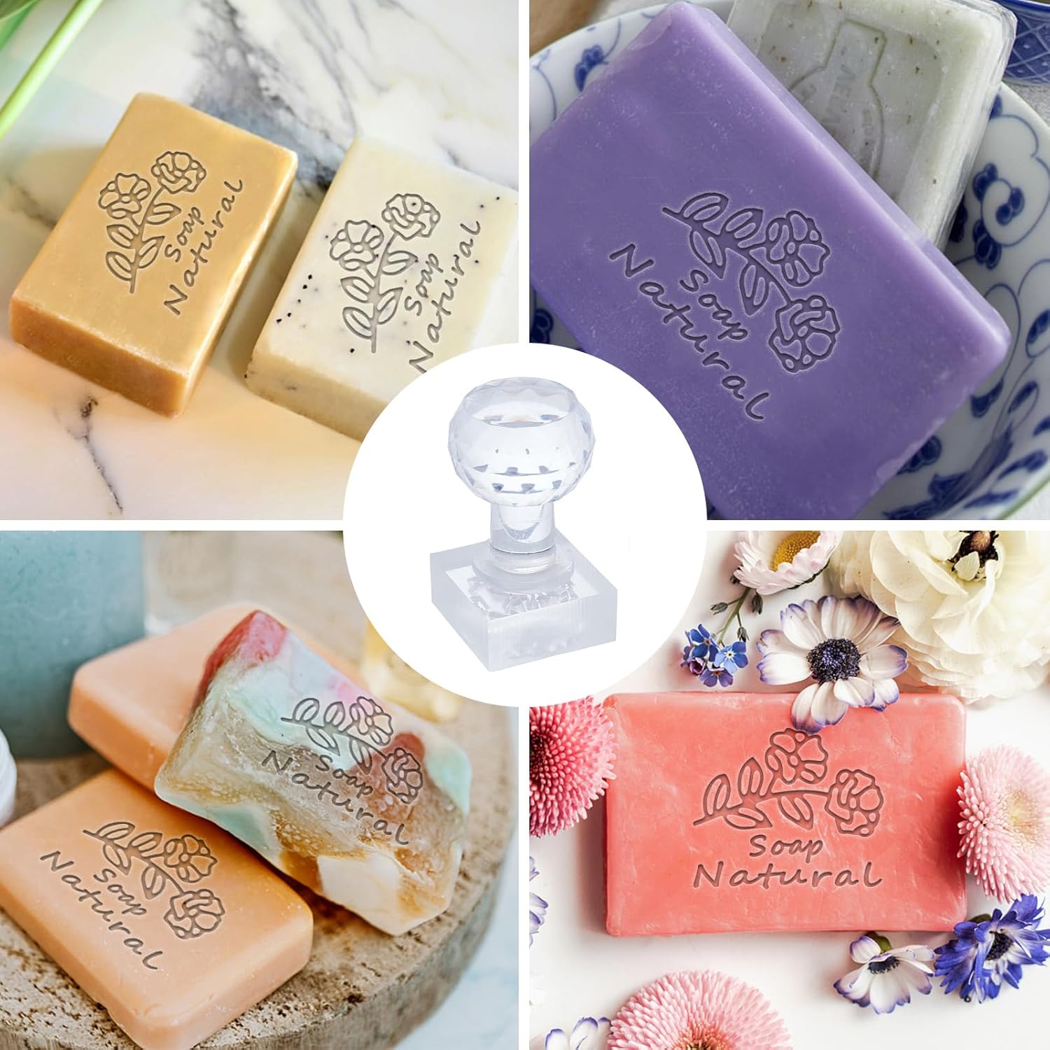 PH PandaHall Sello de jabón hecho a mano, sello acrílico de flores con asa, sello de jabón natural en relieve, ramo de texto personalizado para