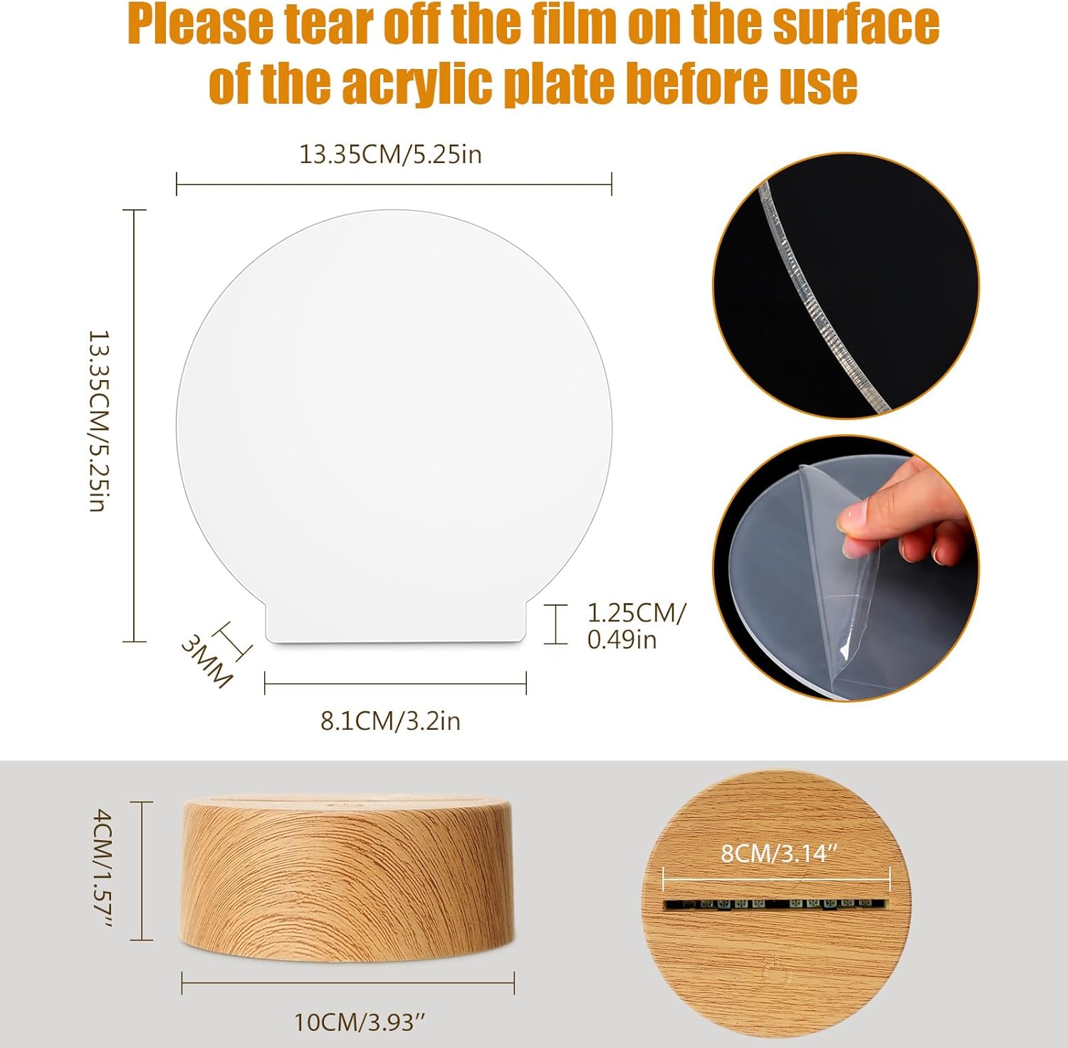 12 bases de lámpara de noche LED 3D, 12 hojas de acrílico transparente en blanco, 16 colores, 4 modos con control remoto, cable USB, color madera,