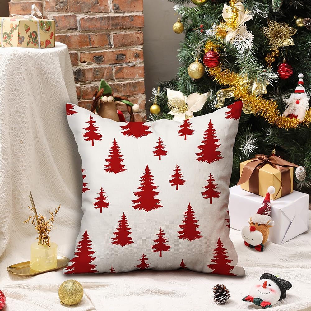 DFXSZ Juego de 2 fundas de almohada de Navidad de 18 x 18 pulgadas, color rojo, decoración de árbol de Navidad blanco, decoración de Navidad para el