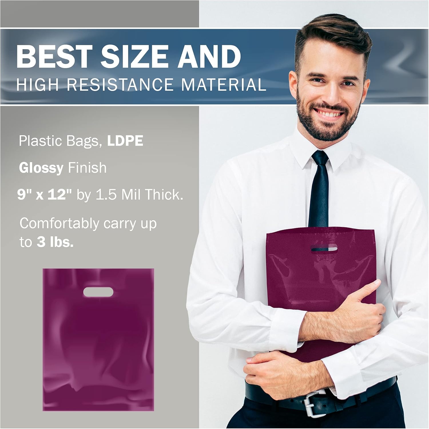 Purple Merchandise – Bolsas de plástico para compras, paquete de 100 unidades de 9 x 12 pulgadas con 1.5 mil de grosor, asas troqueladas, perfectas
