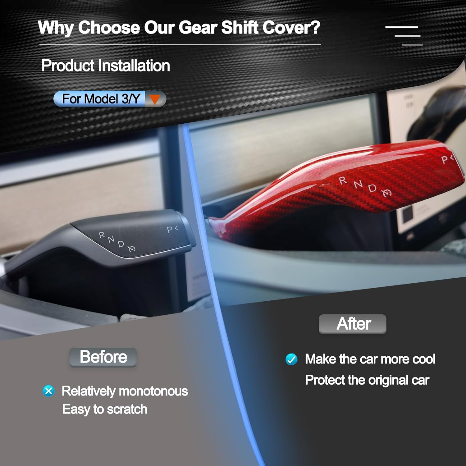 Carbar Tesla Model 3Y – Cubierta de palanca de cambios para Tesla Model Y accesorios 2023-2017 Funda de palanca de dirección de fibra de carbono