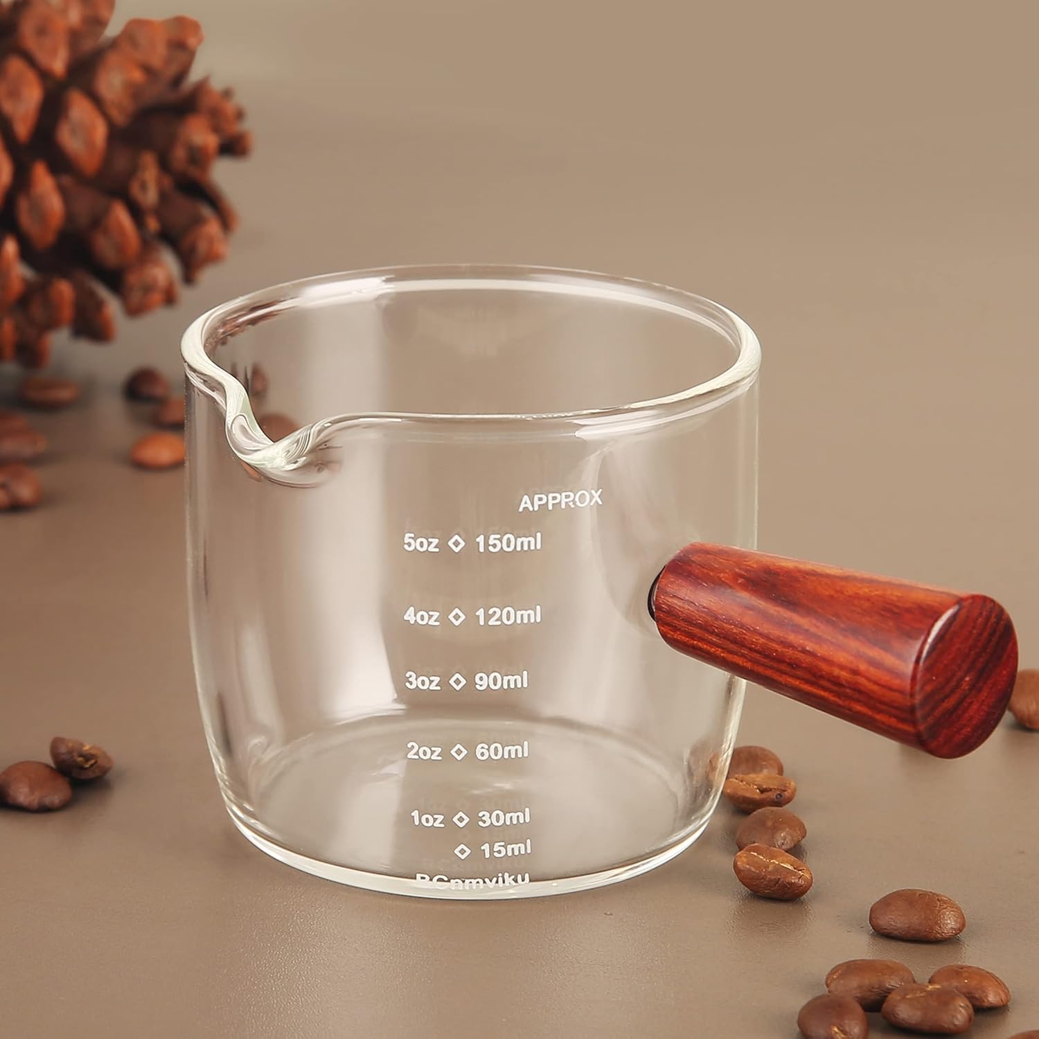 BCnmviku Vaso de chupito de café expreso, 5.1 fl oz, 5 onzas, triple jarra barista con mango de madera (1)