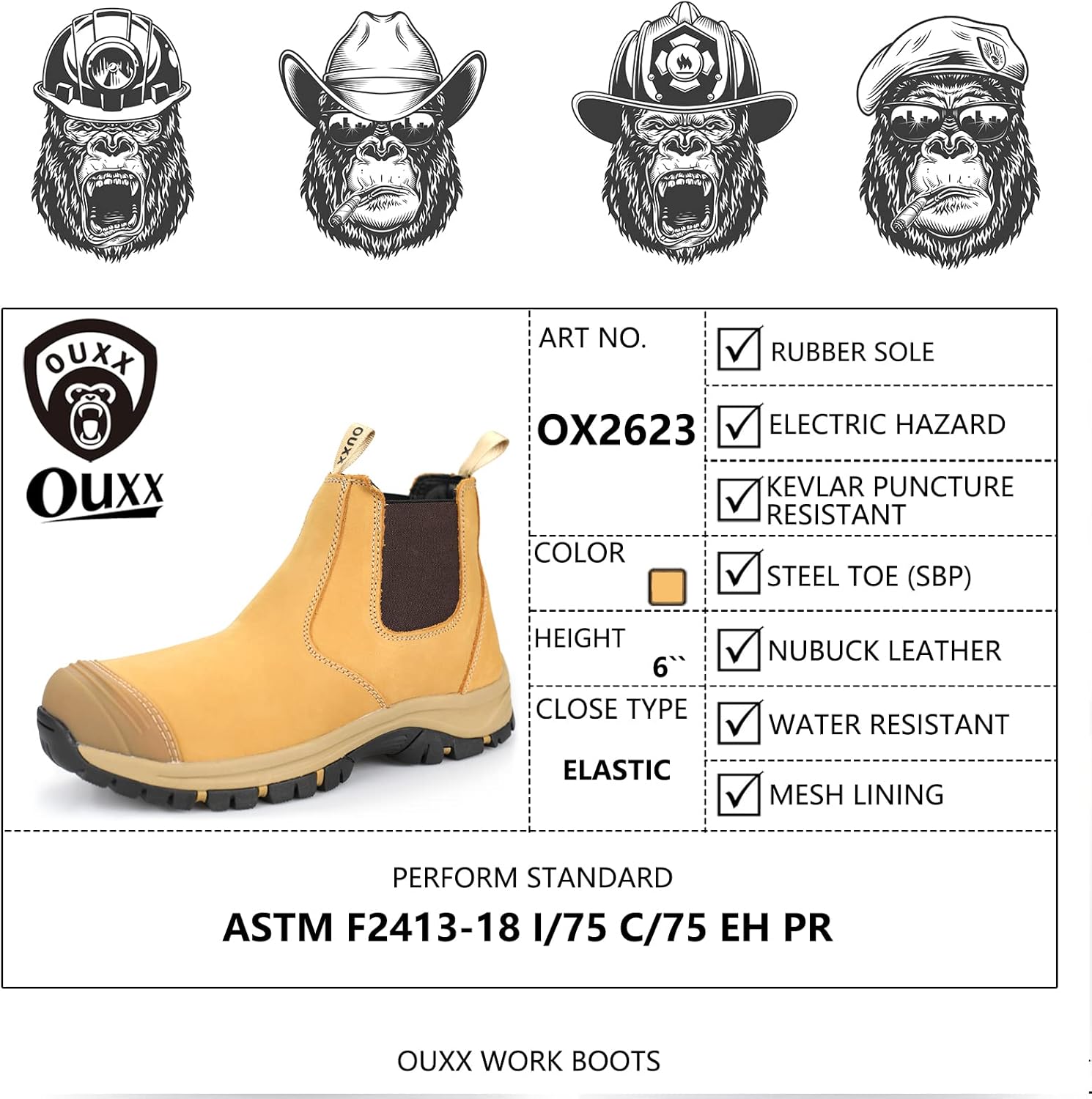 OUXX Botas de trabajo para hombres, zapatos de seguridad de cuero de goma con punta de acero, antideslizantes, impermeables, a prueba de pinchazos