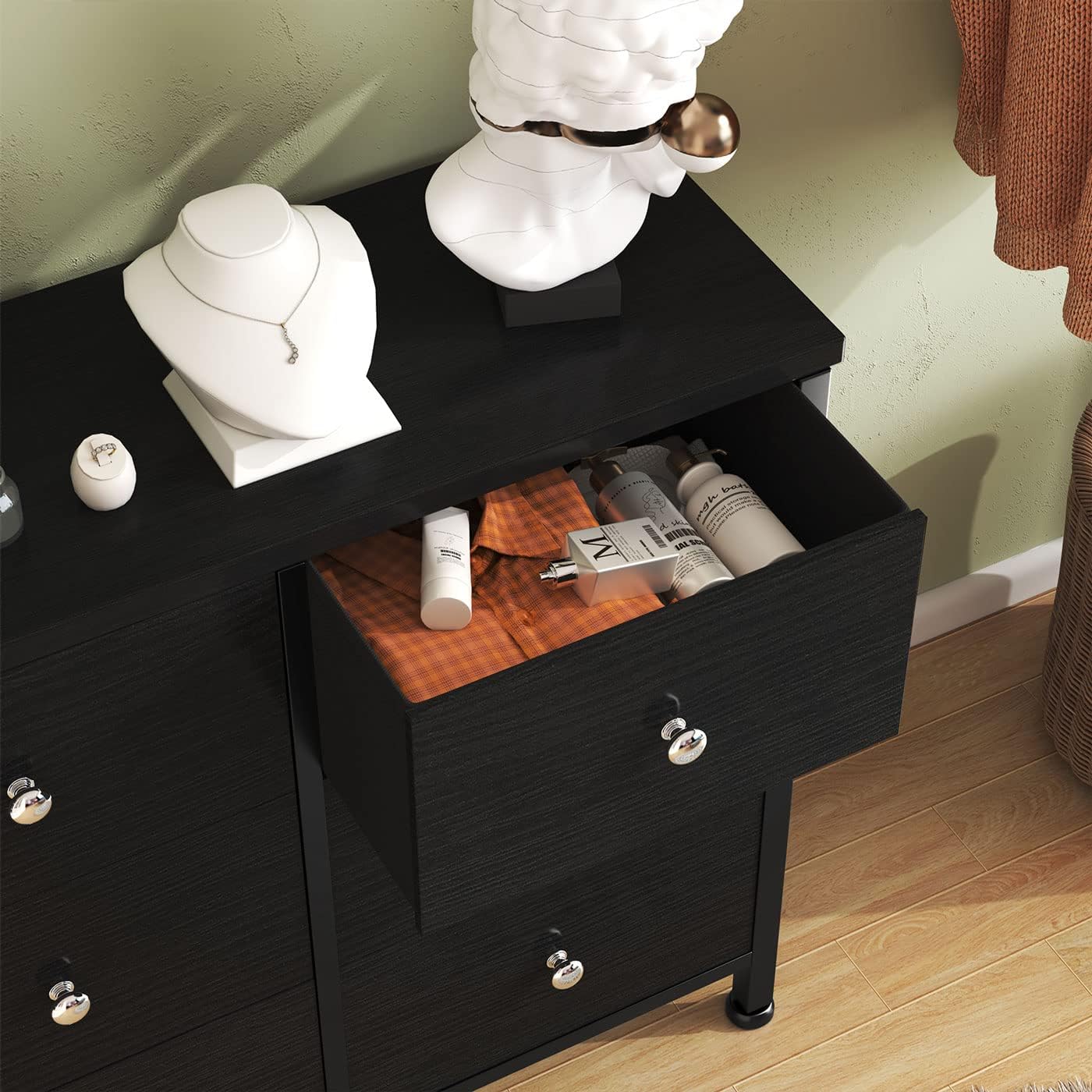 BOLUO – Cómoda negra para dormitorio, cómoda de 6cajones, pequeña y de tela, almacenamiento para armario moderno