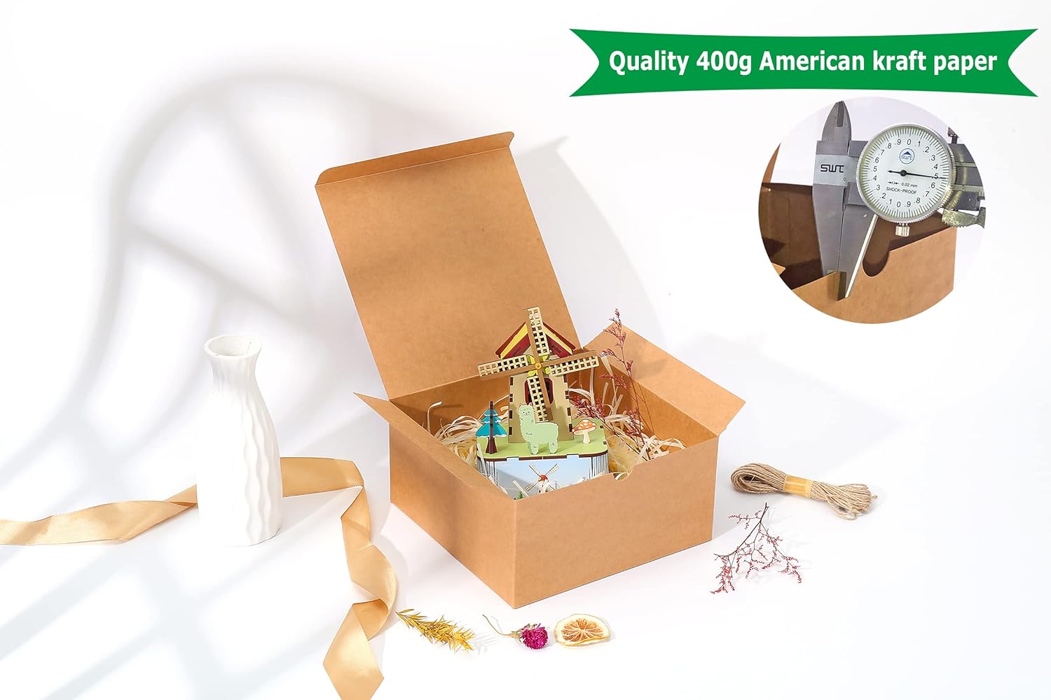 Dekun Paquete de 3 cajas de regalo marrones de 8 x 8 x 4 pulgadas, fáciles de montar, reciclables, propuesta de dama de honor, cajas de papel kraft