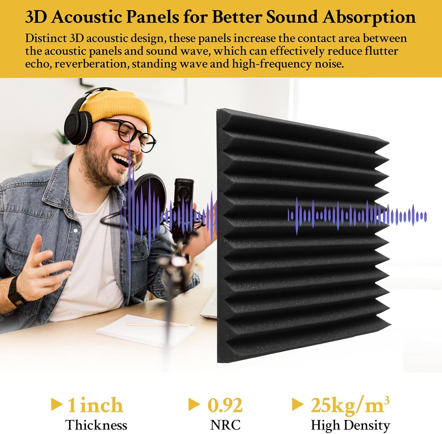 Paquete de 24 paneles de espuma a prueba de sonido de 1 x 12 x 12 pulgadas, autoadhesivos, espuma acústica de cuña de alta densidad de 55.1 lbsm,