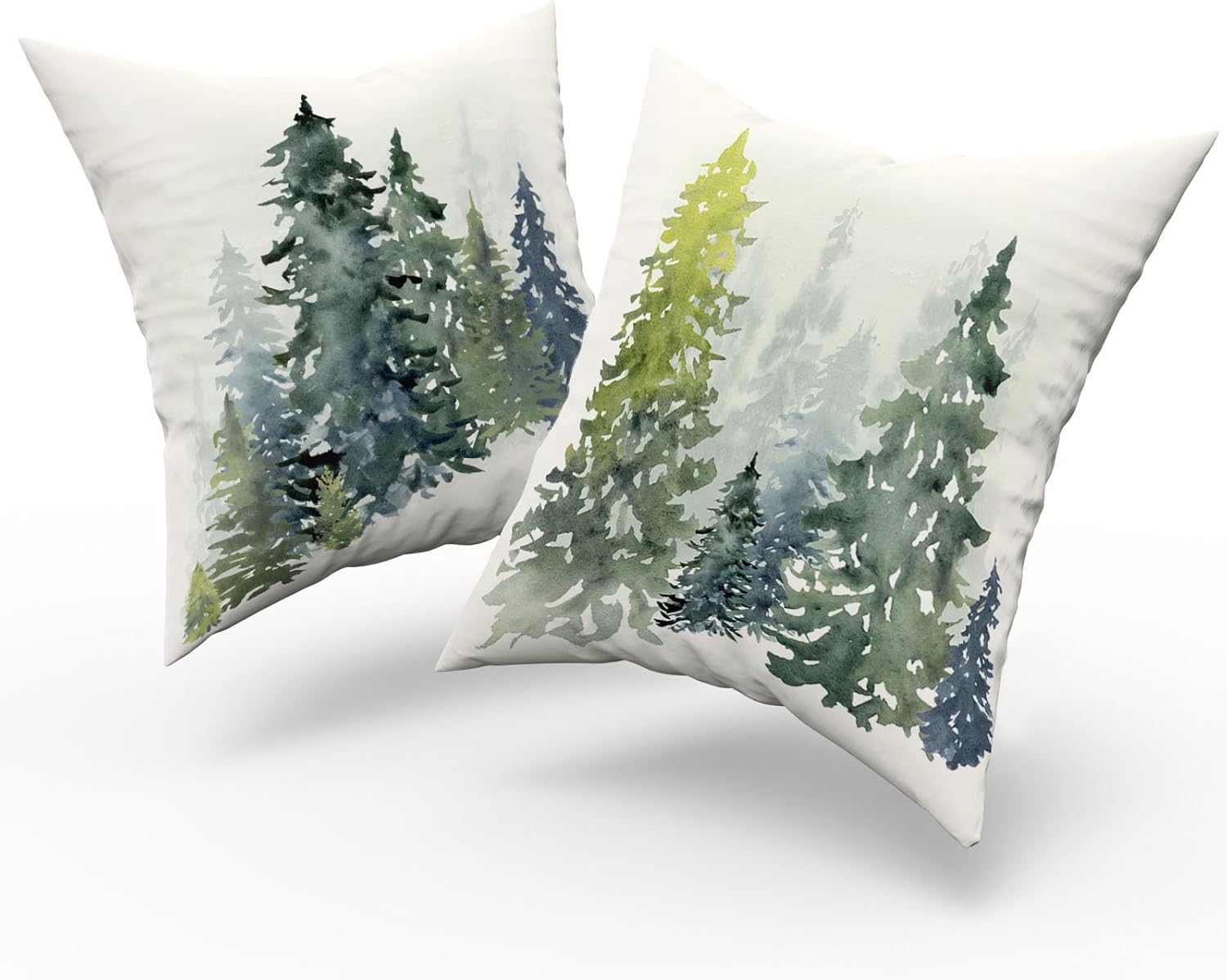 Juego de 4 fundas de almohada con diseño de árbol de Navidad en acuarela, rústico, naturaleza, bosque, azul y verde, decoración de pino, primavera,