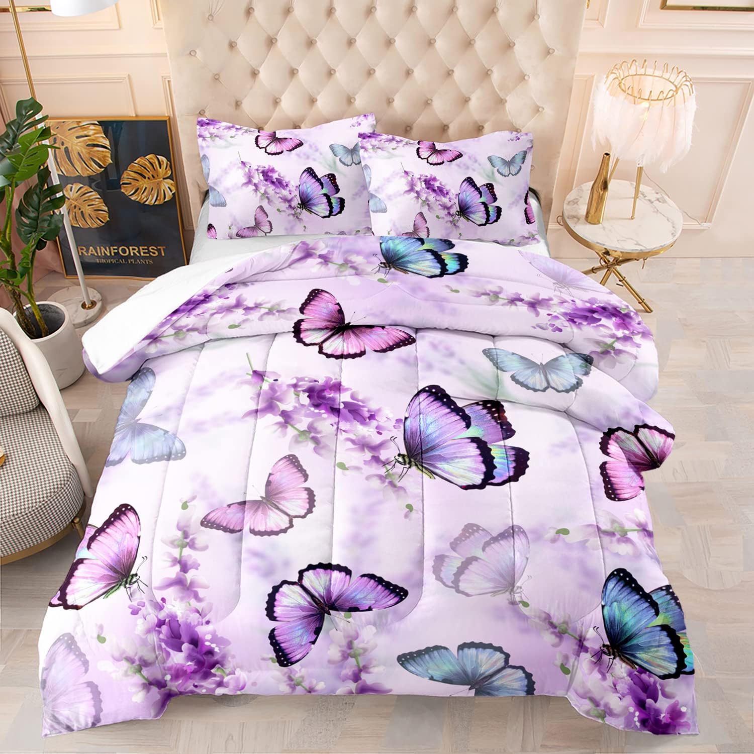 Juego de edredón de mariposa lavanda para niñas y adultos, juego de ropa de cama con patrón de mariposa colorido, juego de cama de mariposas