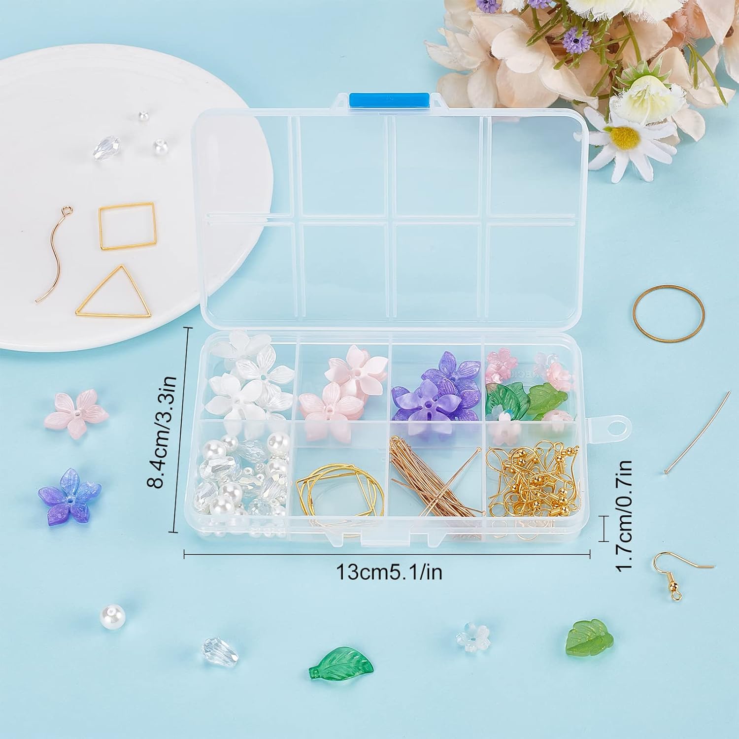 SUNNYCLUE 1 caja, 10 pares de dijes de flores de resina para bricolaje, abalorios de perlas, cuentas de vidrio, hallazgos, kit de fabricación de
