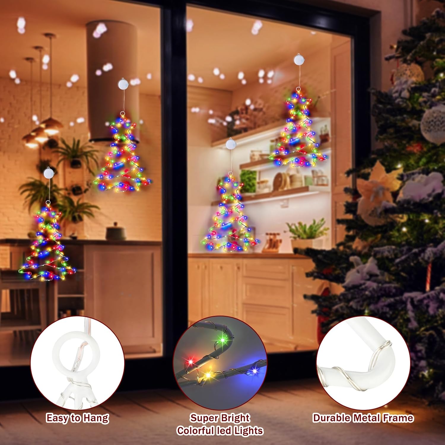 DANLI Decoraciones de Navidad para ventana, marco de hierro, luces de árbol de Navidad con ventosa, temporizador, funciona con pilas, luces de