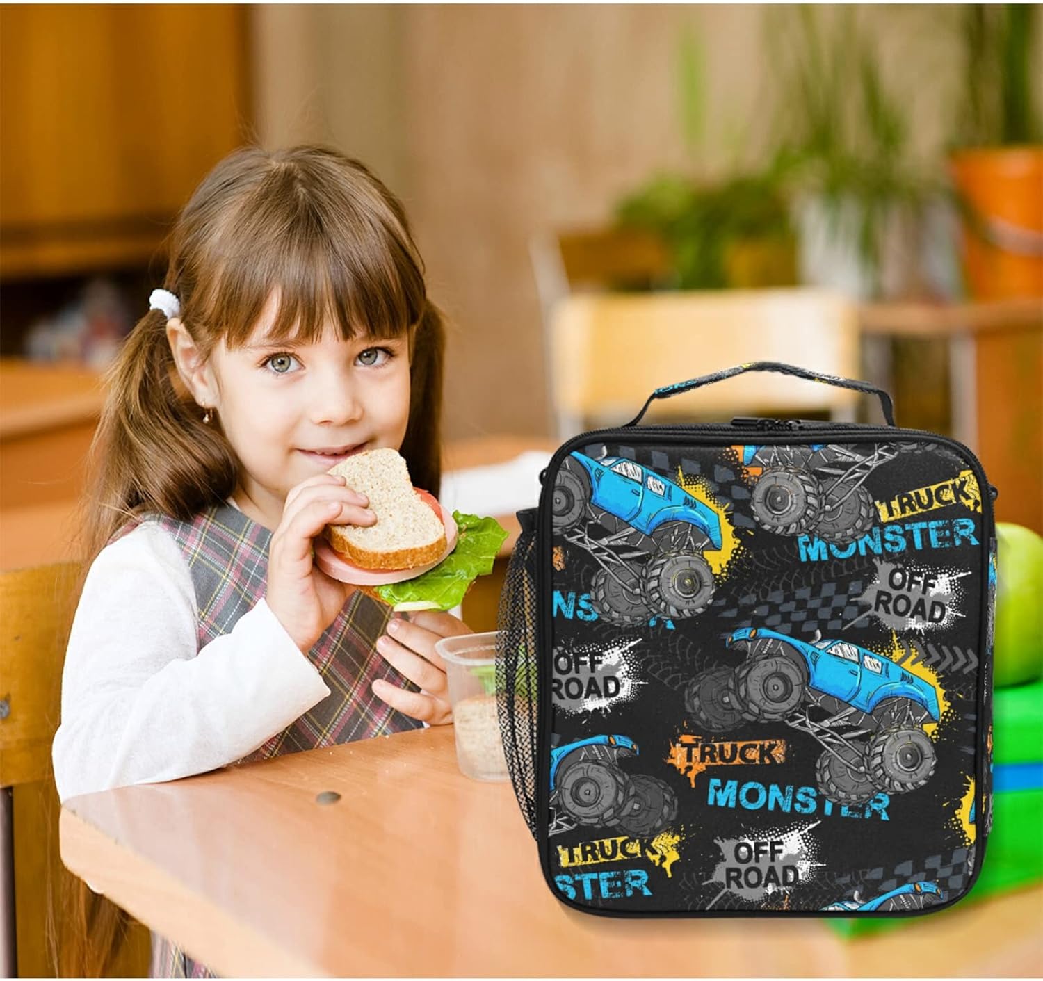 Lonchera para niños y niñas, bolsa térmica con aislamiento térmico Monster Truck Car Trace, kit de bolsa de almuerzo reutilizable para viajes