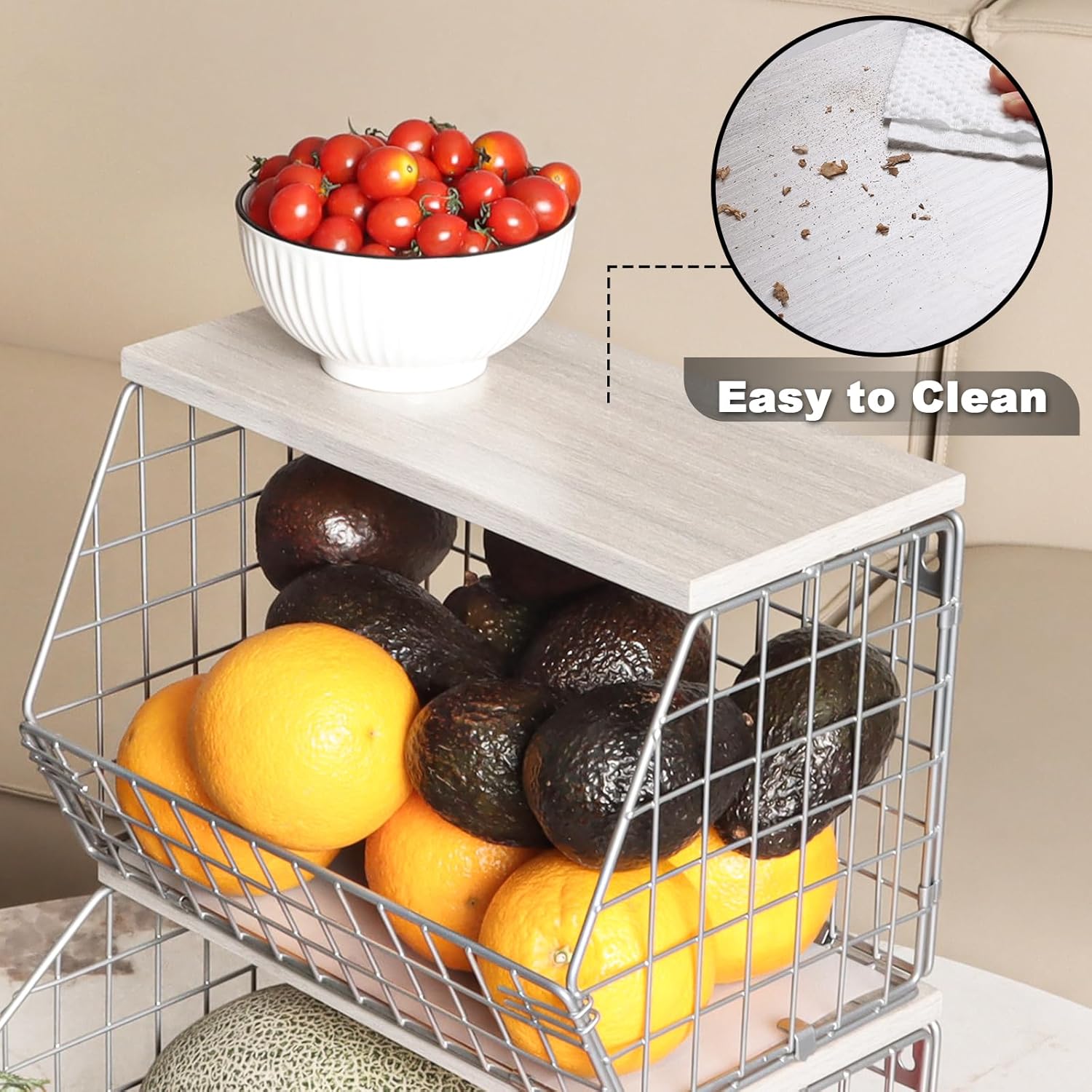 Cesta de frutas plateada, apilable para montar en la pared, cesta de almacenamiento con tapa de madera, cesta de alambre colgante de cocina para
