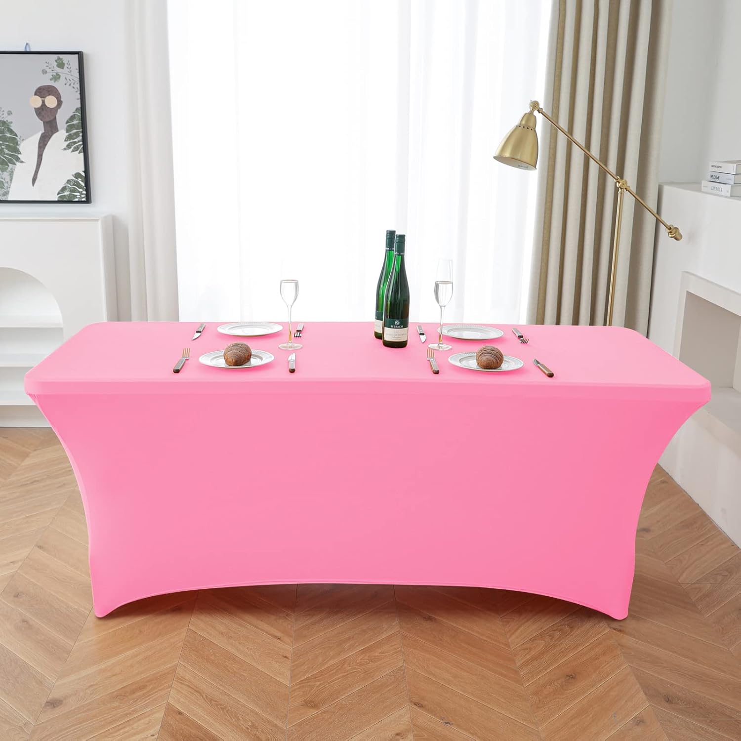 AZON Mantel de elastano elástico de 6 pies, lavable y resistente a las arrugas, color rosa, para cocina, mesa rectangular ajustable para fiestas,
