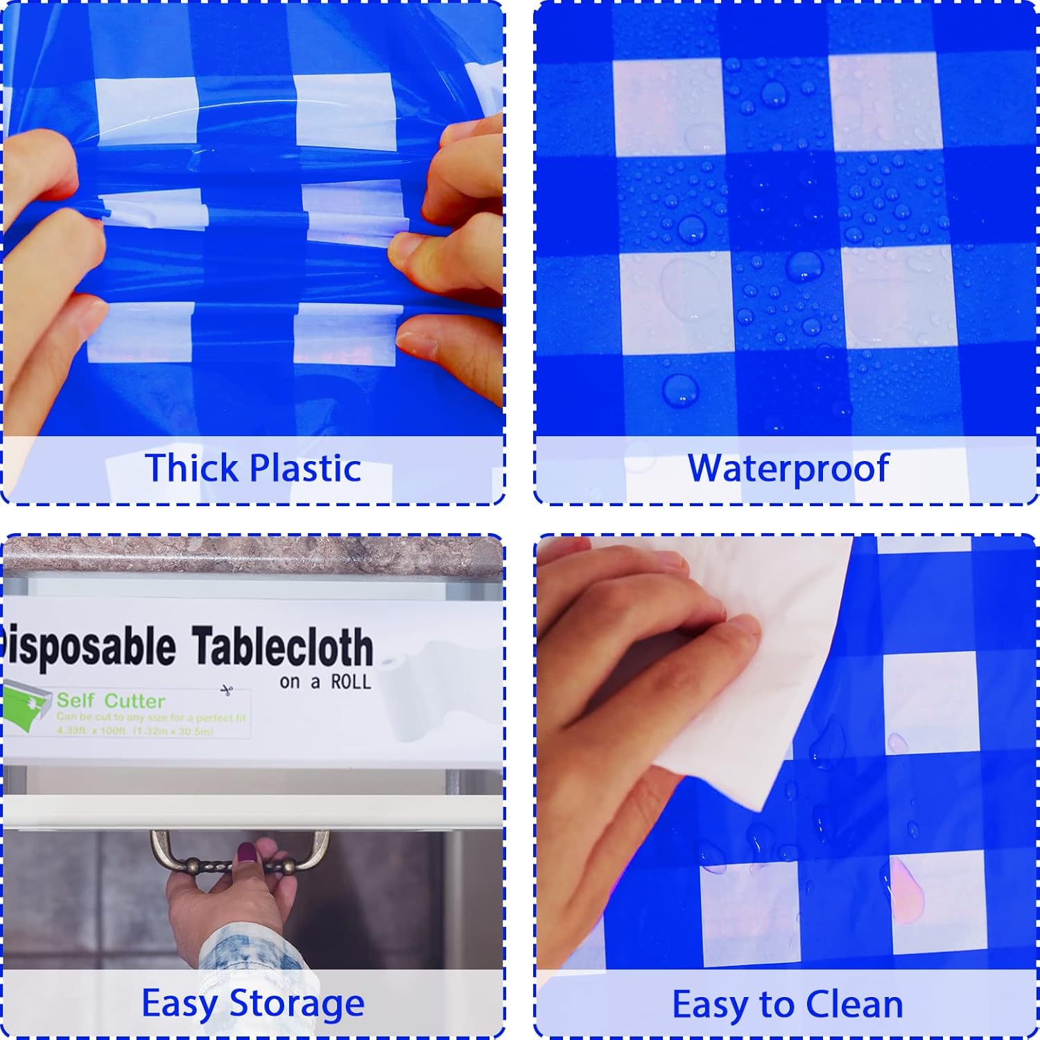 Blue Gingham Checkered Tablecloth Roll 52 in x 100 Ft with Slide Cutter Plastic Table Cloth Roll Blue Gingham Plastic Picnic Party Table Cover for