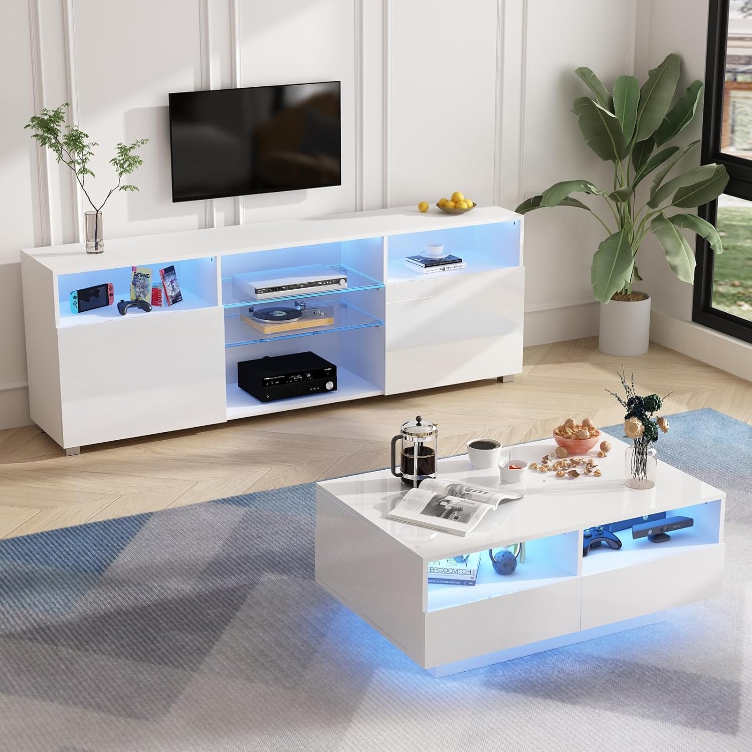 St.Mandyu Soporte de TV LED para TV de 6575 pulgadas, moderno centro de mesa de televisión con cajón y luces LED, centro de entretenimiento de alto