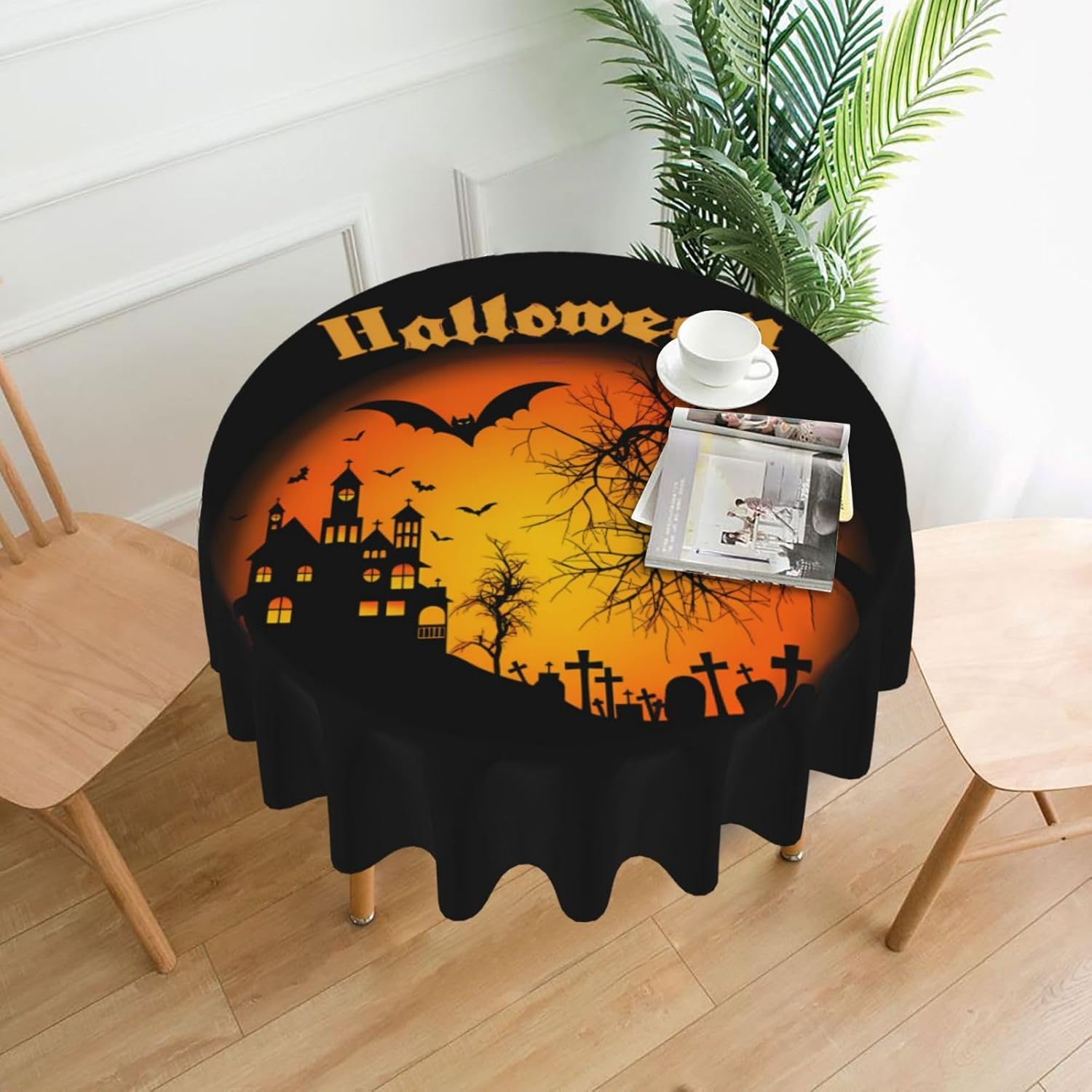 Divertido mantel de Halloween, divertido mantel redondo lavable y reutilizable de 60 pulgadas para decoración de mesa de comedor de fiesta en el