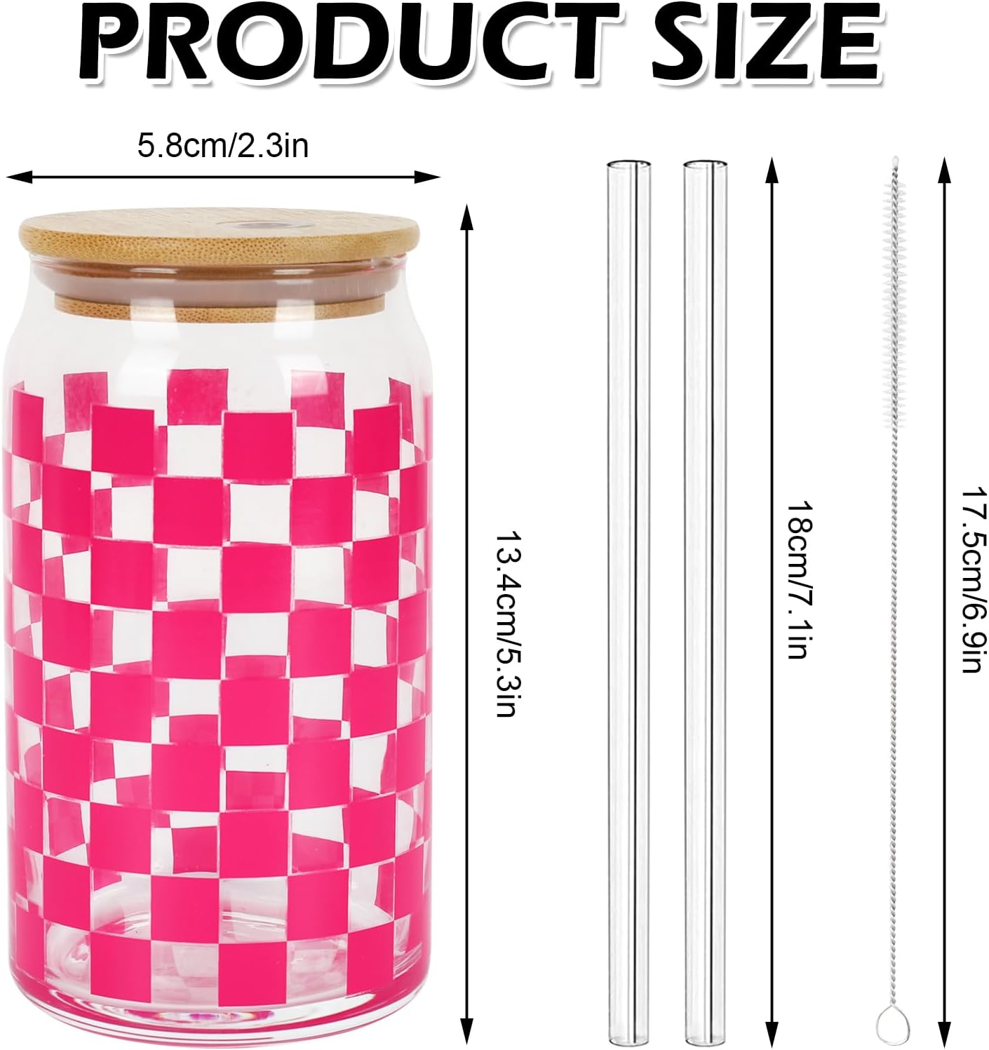 Whaline Paquete de 2 vasos a cuadros de 16 onzas, vasos a cuadros rosados, taza de café helado a cuadros con tapa de bambú, popote de vidrio para