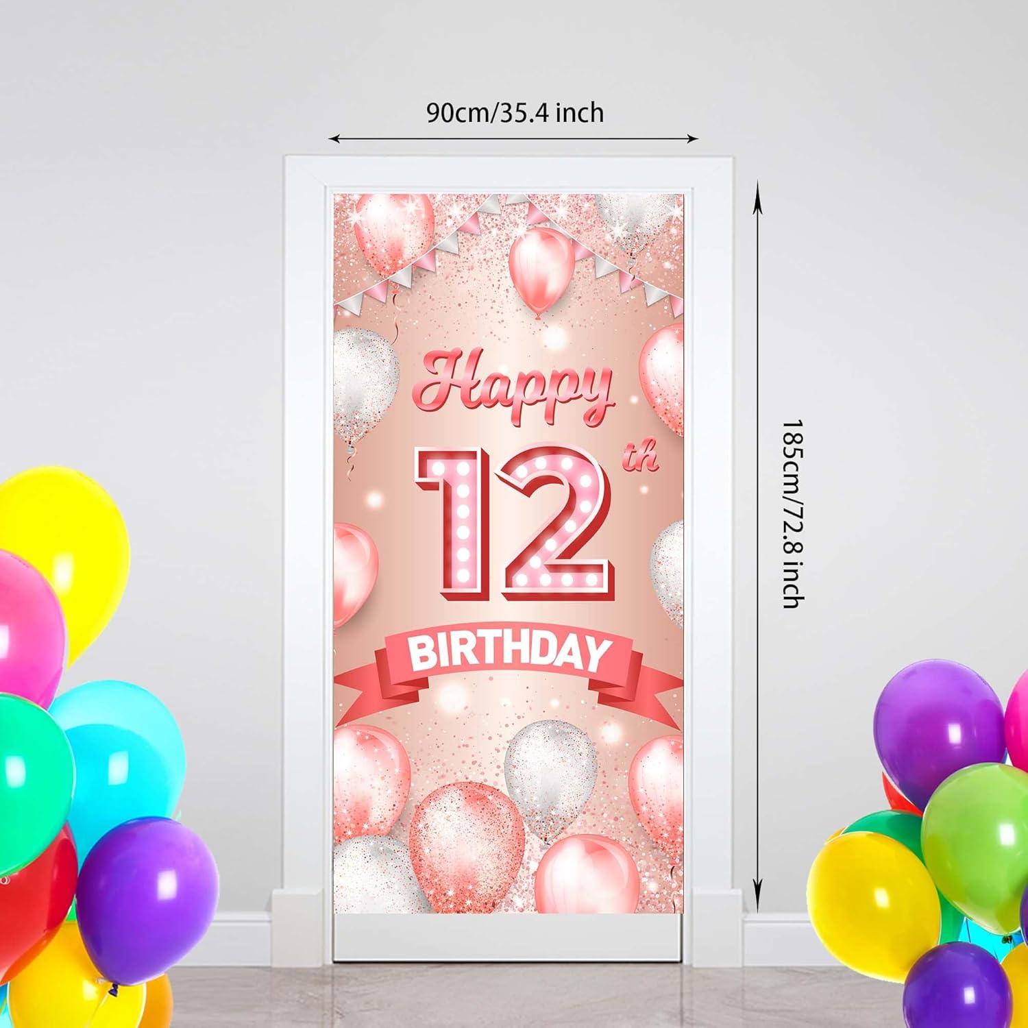Cartel de feliz cumpleaños número 12 de oro rosa, telón de fondo de globos de confeti de 12 años, decoración temática de globos de confeti para