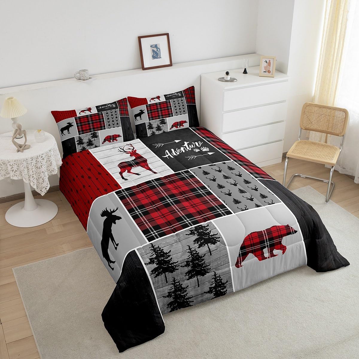 Juego de edredón de oso de ciervo y cuernos para niños, tamaño matrimonial, juego de ropa de cama de retazos con flechas bohemias para niños, niñas