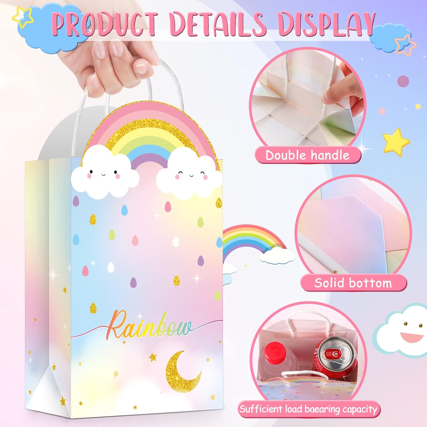 16 bolsas de regalo de fiesta de arco iris, bolsas de regalo de arcoíris con asas, bolsas de dulces de cumpleaños, bolsas de regalo de fiesta pastel