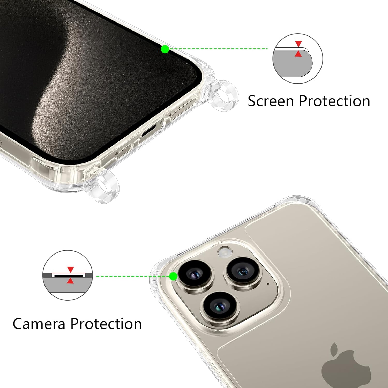 ZTOFERA Compatible con iPhone 15 Pro Max, funda transparente con cordón ajustable, TPU suave y delgada, a prueba de golpes, funda cruzada para