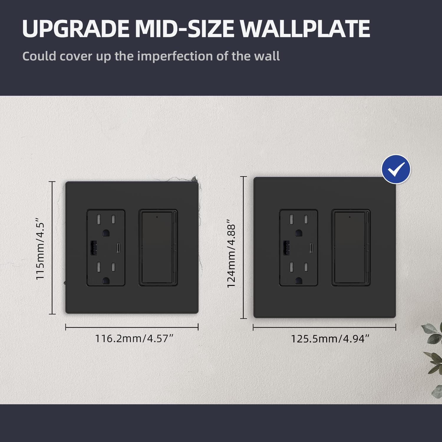 ELEGRP Placas decorativas de pared de 2 segmentos sin tornillos, cubierta frontal termoplástica irrompible de tamaño mediano para interruptor de