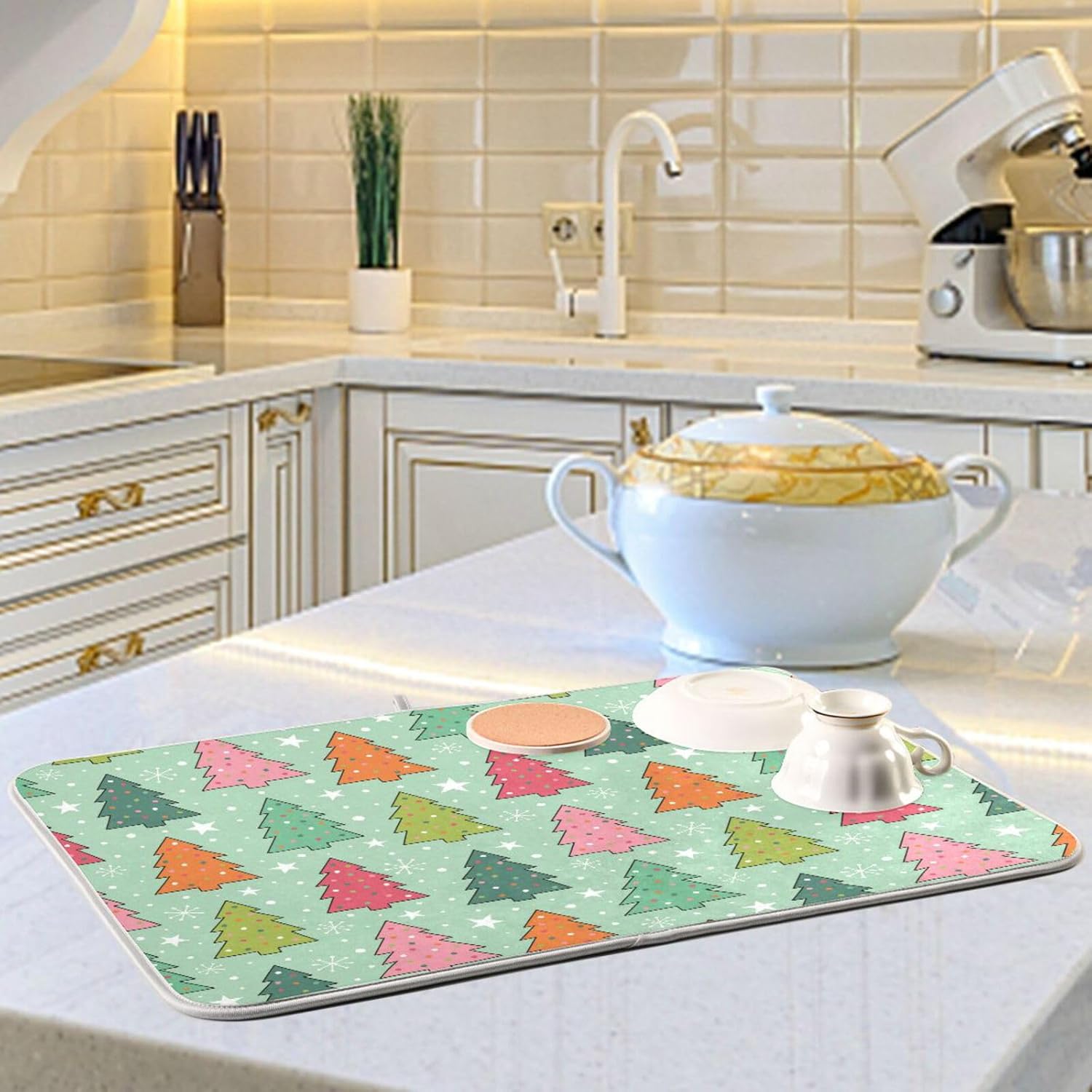 Colorful Pine Tree Drying Dish Mat Washnable Absorbent Dish Draining Mat For Kitchen Counter Dish Rack Matt Tapete Para Cocina 16” x 18”