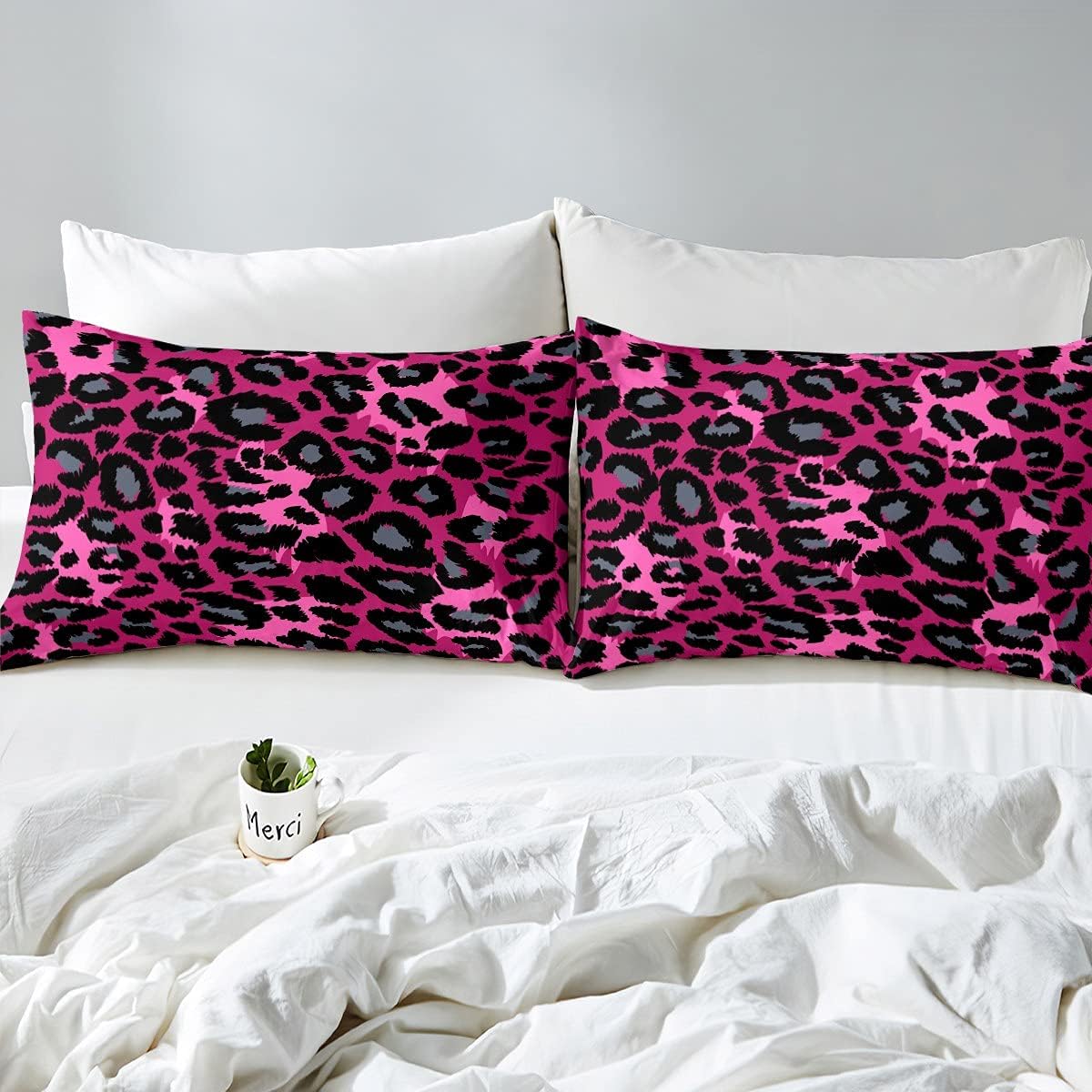 Erosebridal Juego de edredón de safari individual, estampado de leopardo y guepardo sobre edredón de plumón rosa con 1 funda de almohada para niños,