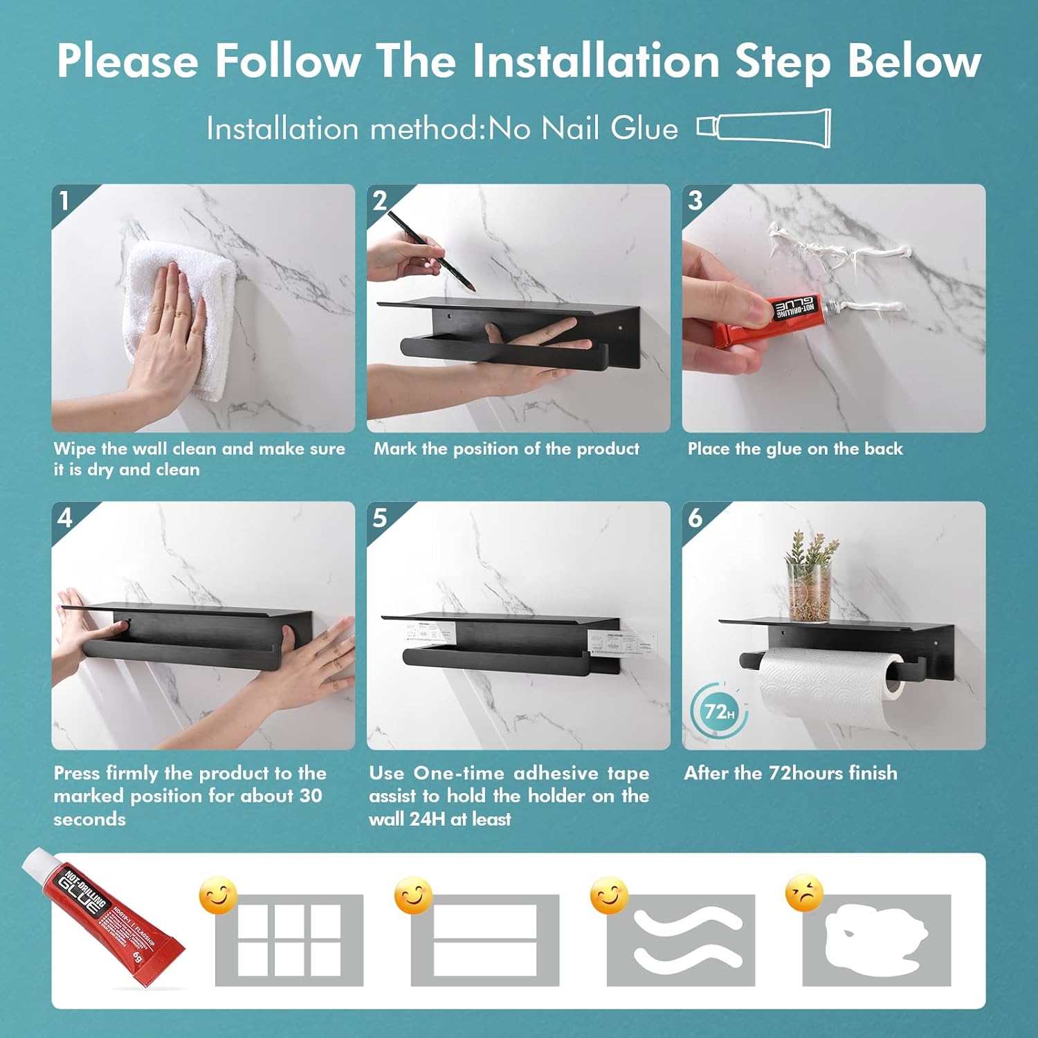 Soporte de pared para toallas de papel para cocina, soporte autoadhesivo para toallas de papel con estante para baño, aluminio antioxidante, sin