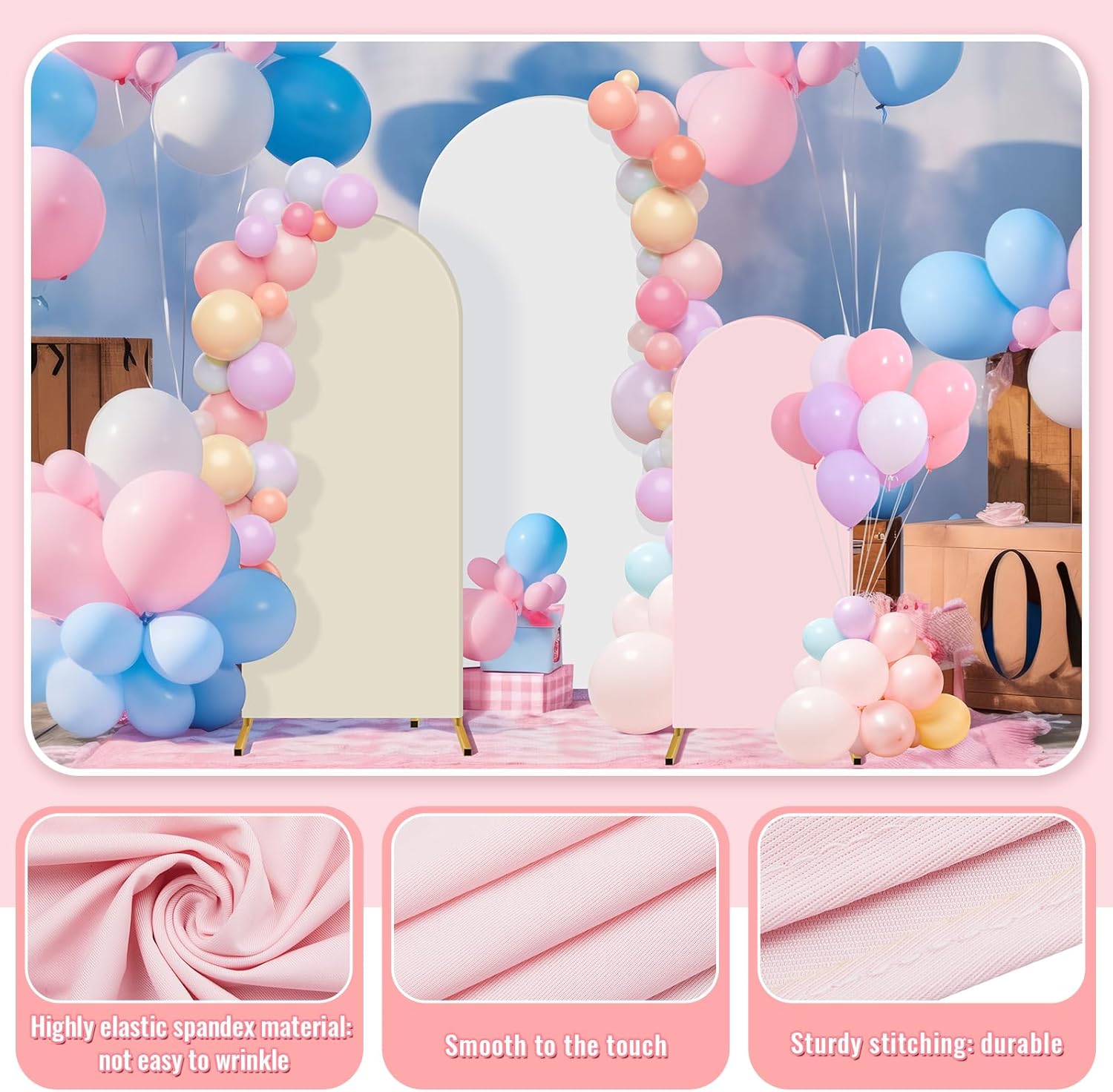 Buryeah Juego de 3 fundas de arco de fondo elástico de 6 pies, 5 pies, 4 pies, de elastano, ajustada, cubierta de arco de 2 caras, cubierta de arco