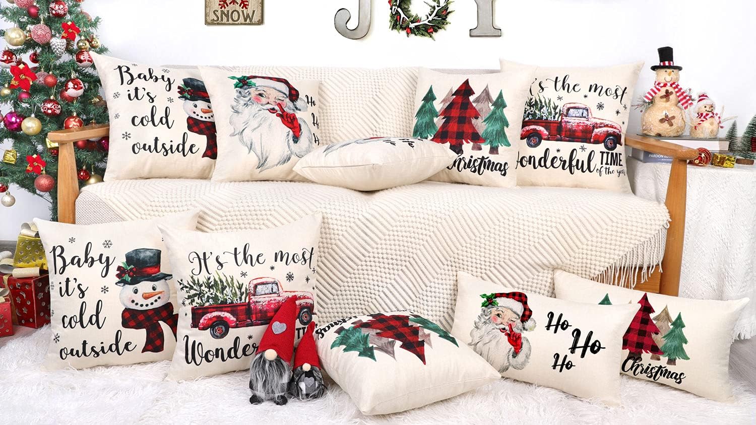 4TH Emotion Juego de 4 fundas de almohada de Navidad de 18 x 18 pulgadas, decoración navideña de granja, cuadros rojos y negros, decoración de