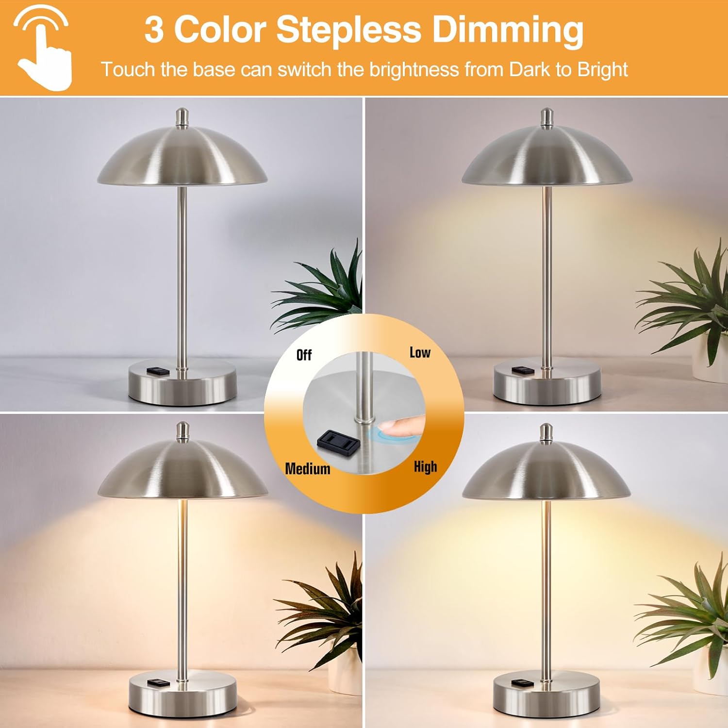 Moderna lámpara de escritorio con adaptador de CA, lámpara de lectura táctil regulable de 3 vías, lámpara de mesa pequeña plateada minimalista con