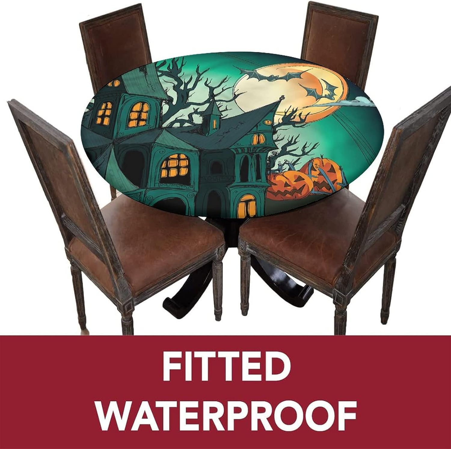 Halloween Elastic Edged Polyester Fitted Table Cover,Halloween Haunted Castle Print Round Fitted Tablecloth, XSmall, Fit Round Tables up 32″-36″