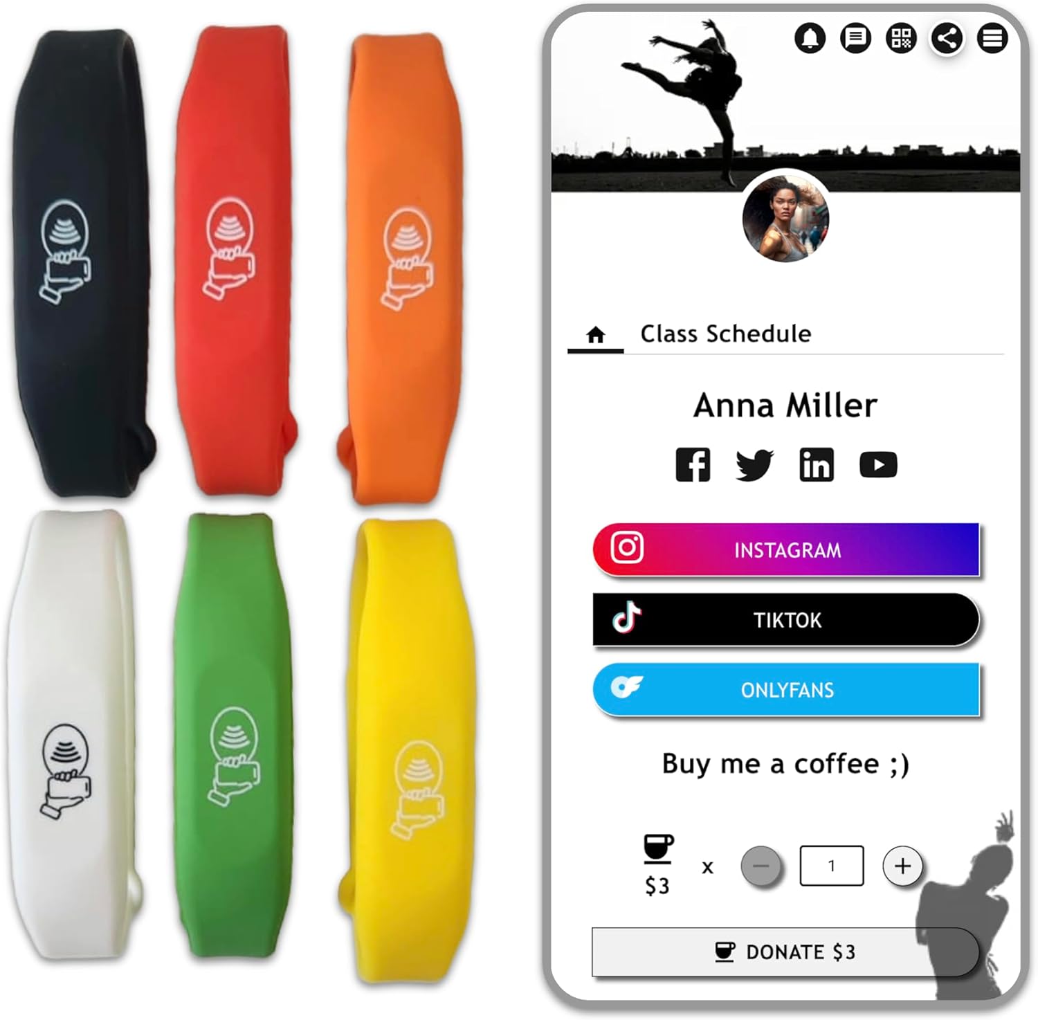 Tap NFC Bracelet, QR Code Smart Wristband Fully Custom Profile scannable, Adjustable, Unisex Band- Mix Colors Black, Red, Orange, Yellow, Green,