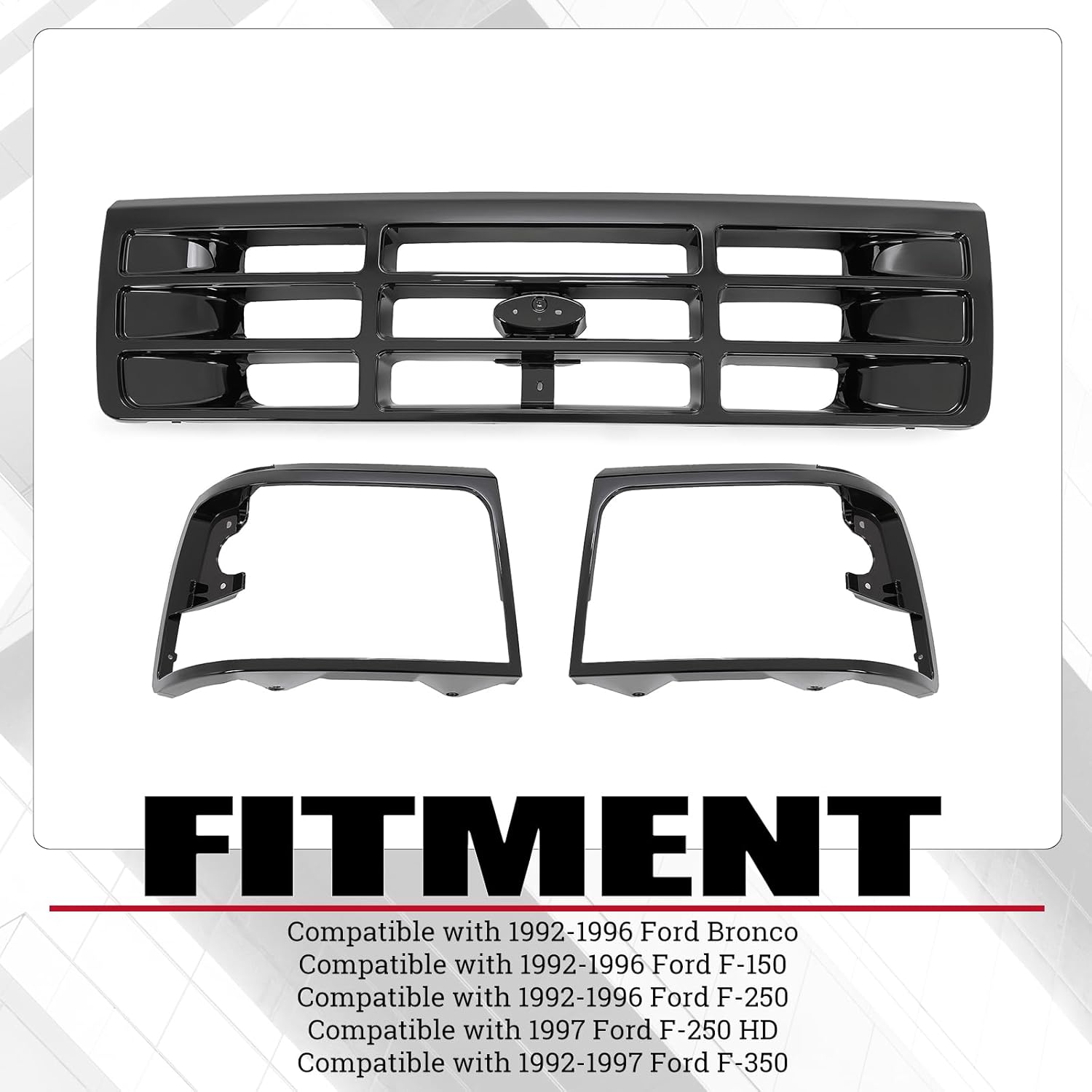 HECASA Rejilla delantera y bisel para faros delanteros compatible con Ford Bronco F-150 F-250 HD F-350 1992-1997 Reemplazo para FO1200172 FO2512131