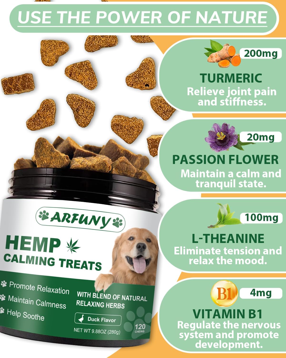 Masticables calmantes de cáñamo para perros para la ansiedad, masticables calmantes con sabor a pato, 120 masticables masticables para perros,