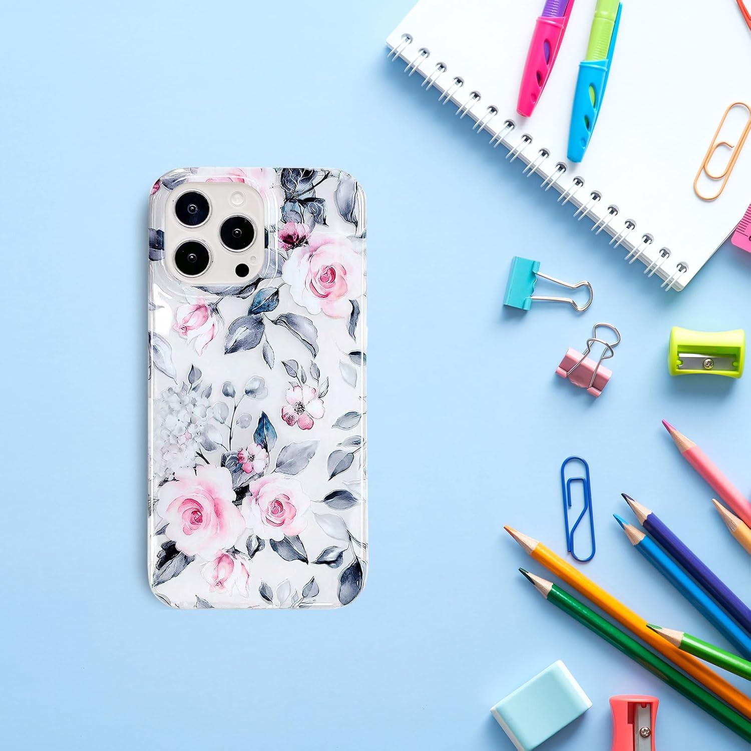 J.west Funda para iPhone 13 Pro Max 6.7, suave a prueba de golpes, linda funda protectora de teléfono floral rosa para mujer, diseño retro
